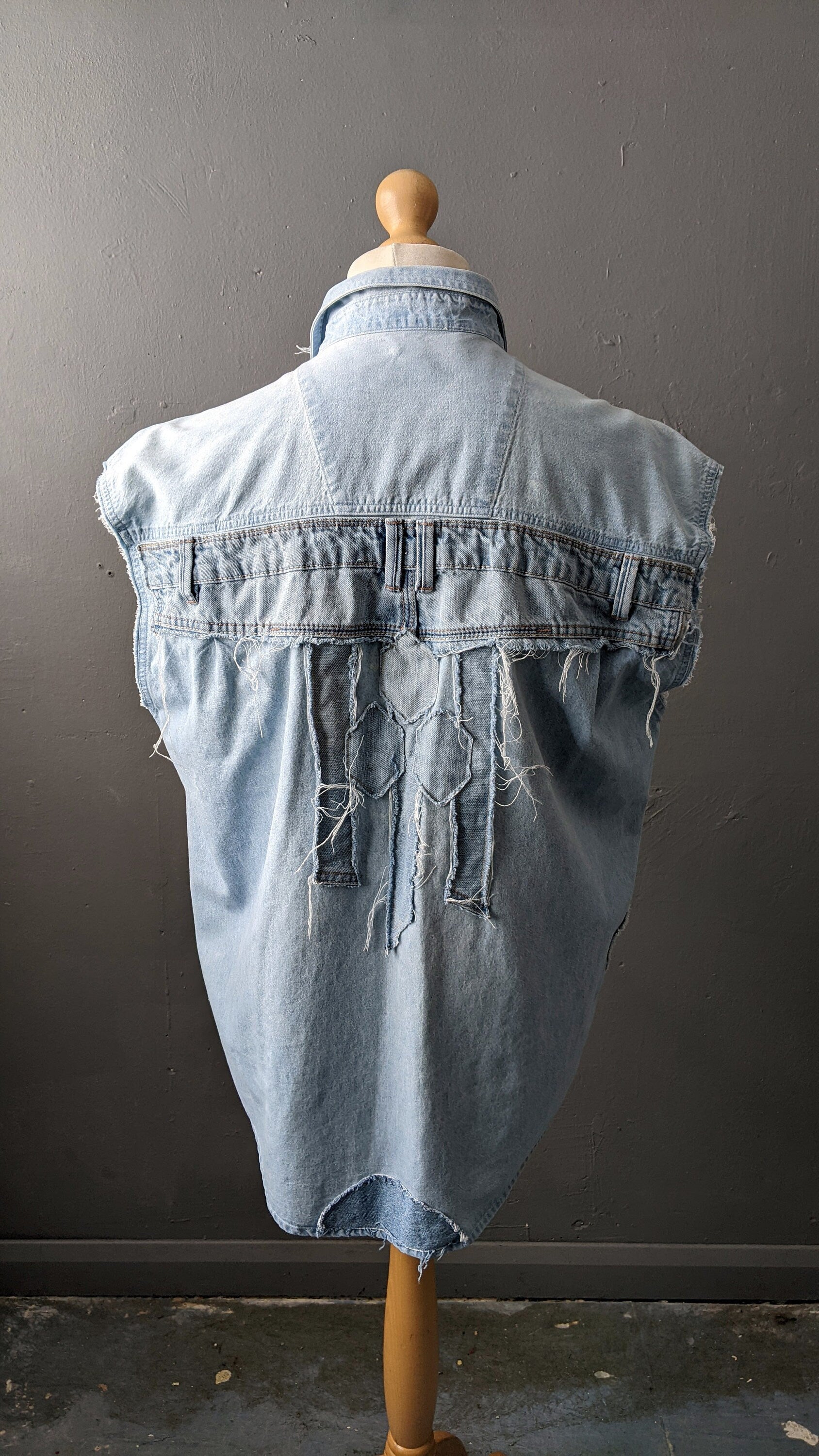 Upcycled Sleeveless Denim Shirt Vest, Frayed Distressed Size Large 42 Chest