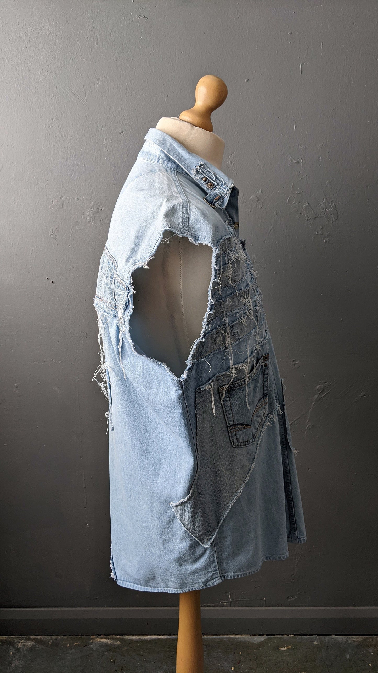 Upcycled Sleeveless Denim Shirt Vest, Frayed Distressed Size Large 42 Chest