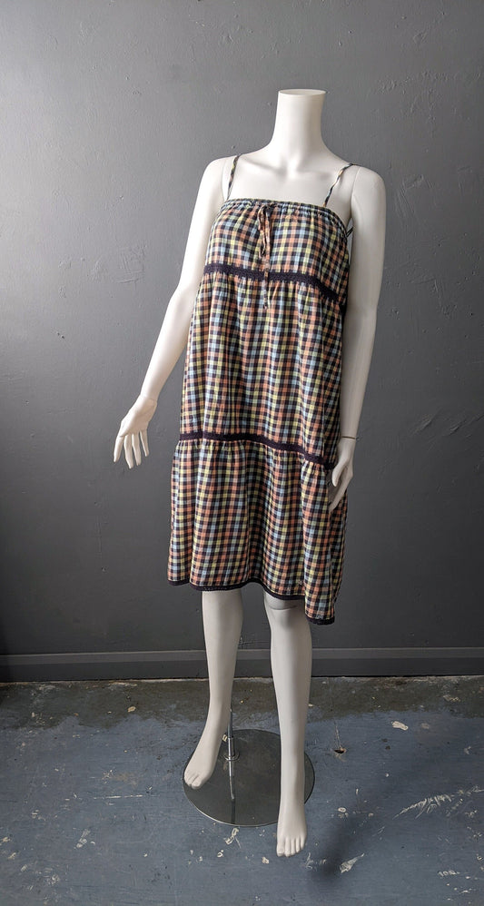 90s Multicoloured Check Sundress, Summer Maternity Strappy Dress, Size Small Medium