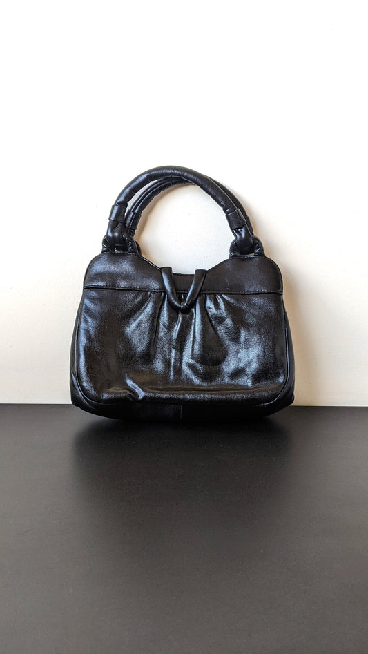 Vintage Black Handbag with Inner Frame, Vegan Leatherette Handheld Bag