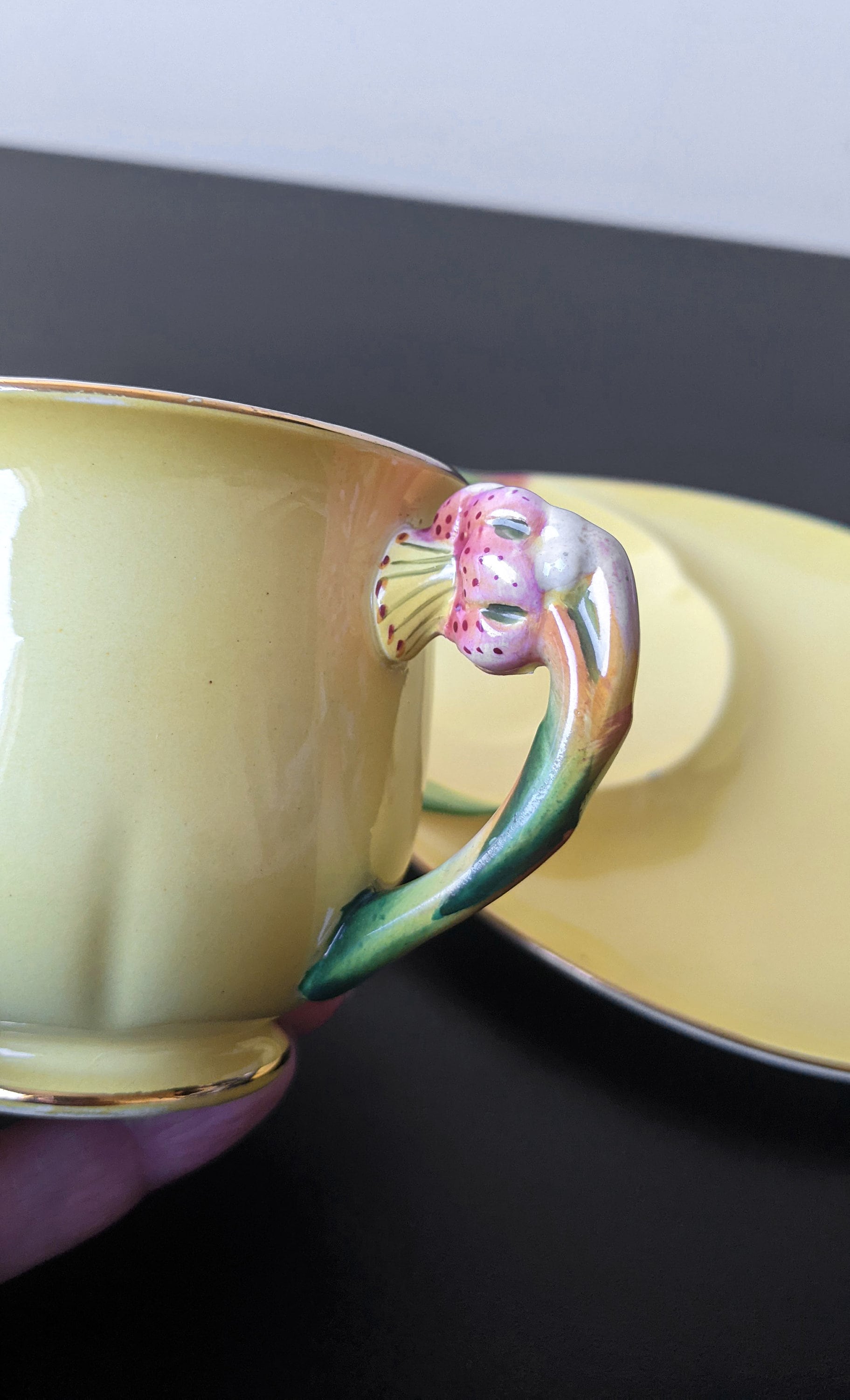 1940s Yellow Tiger Lily Tennis Tea Set by Royal Winton Grimwades, Ornate Floral Cup And Saucer