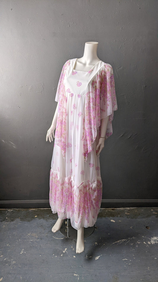 70s Boho Floaty Maxi Dress with Sheer Floral Angel Sleeves, Size Small