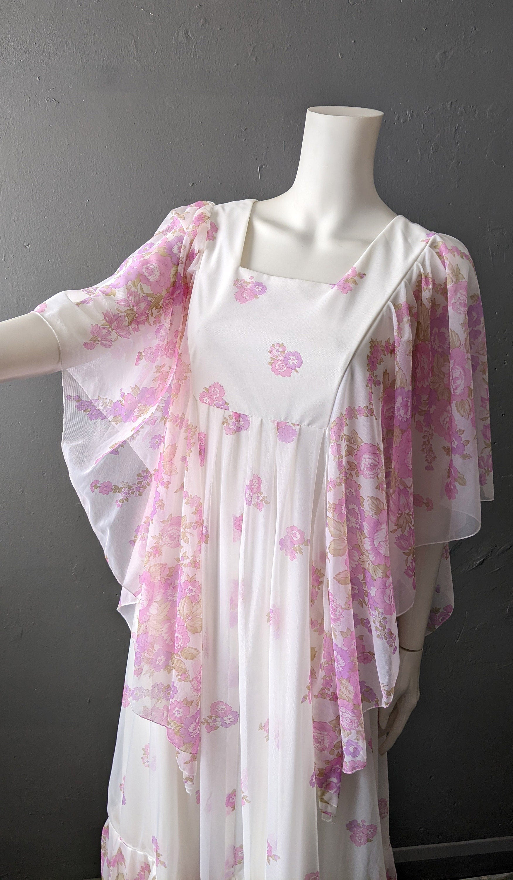 70s Boho Floaty Maxi Dress with Sheer Floral Angel Sleeves, Size Small