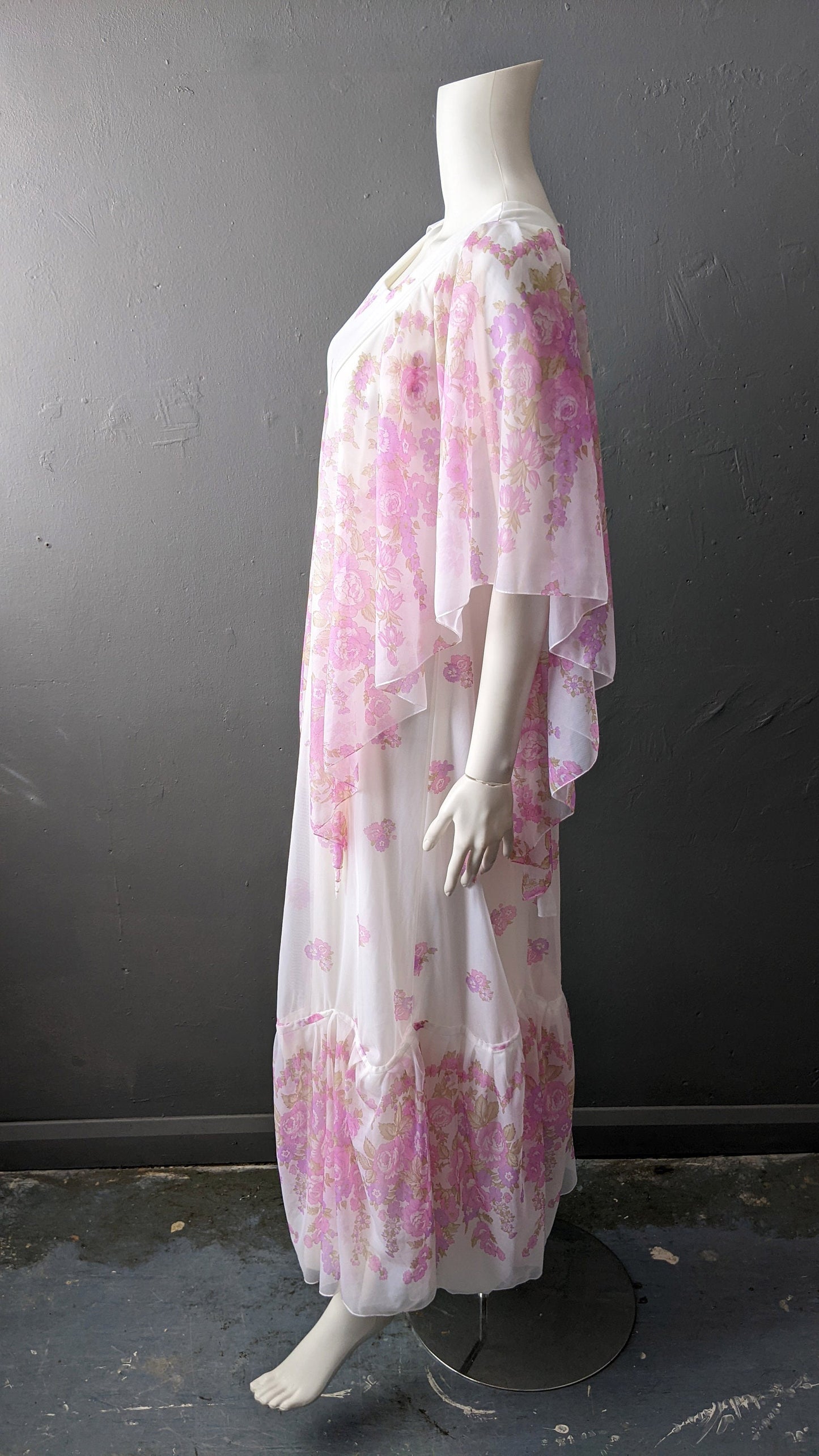 70s Boho Floaty Maxi Dress with Sheer Floral Angel Sleeves, Size Small