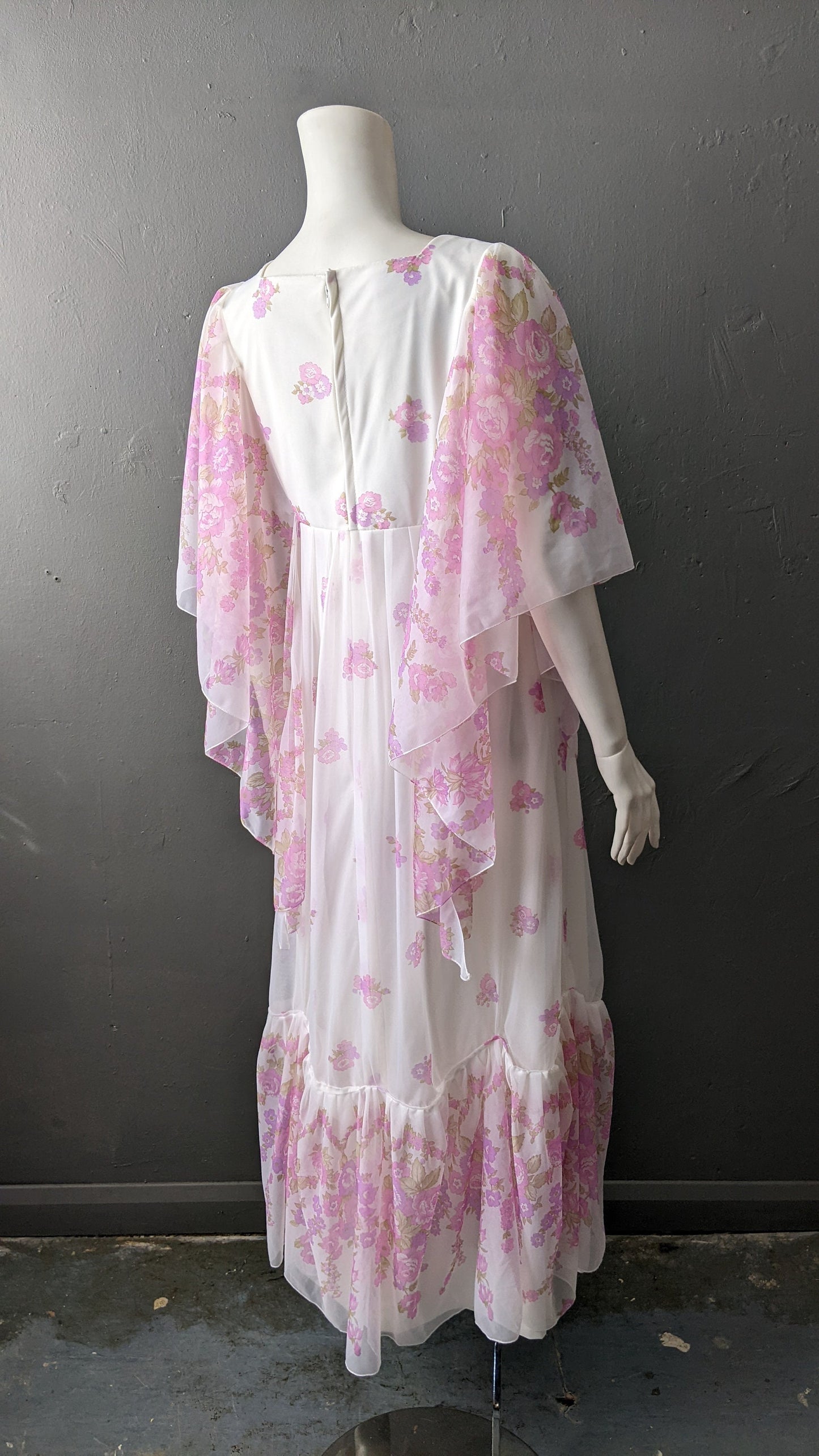 70s Boho Floaty Maxi Dress with Sheer Floral Angel Sleeves, Size Small