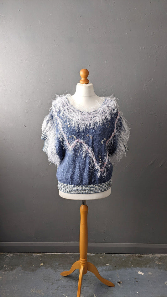 80s Eyelash Sweater Vest, Fluffy Sequin Embellished Tank Top, Size Small