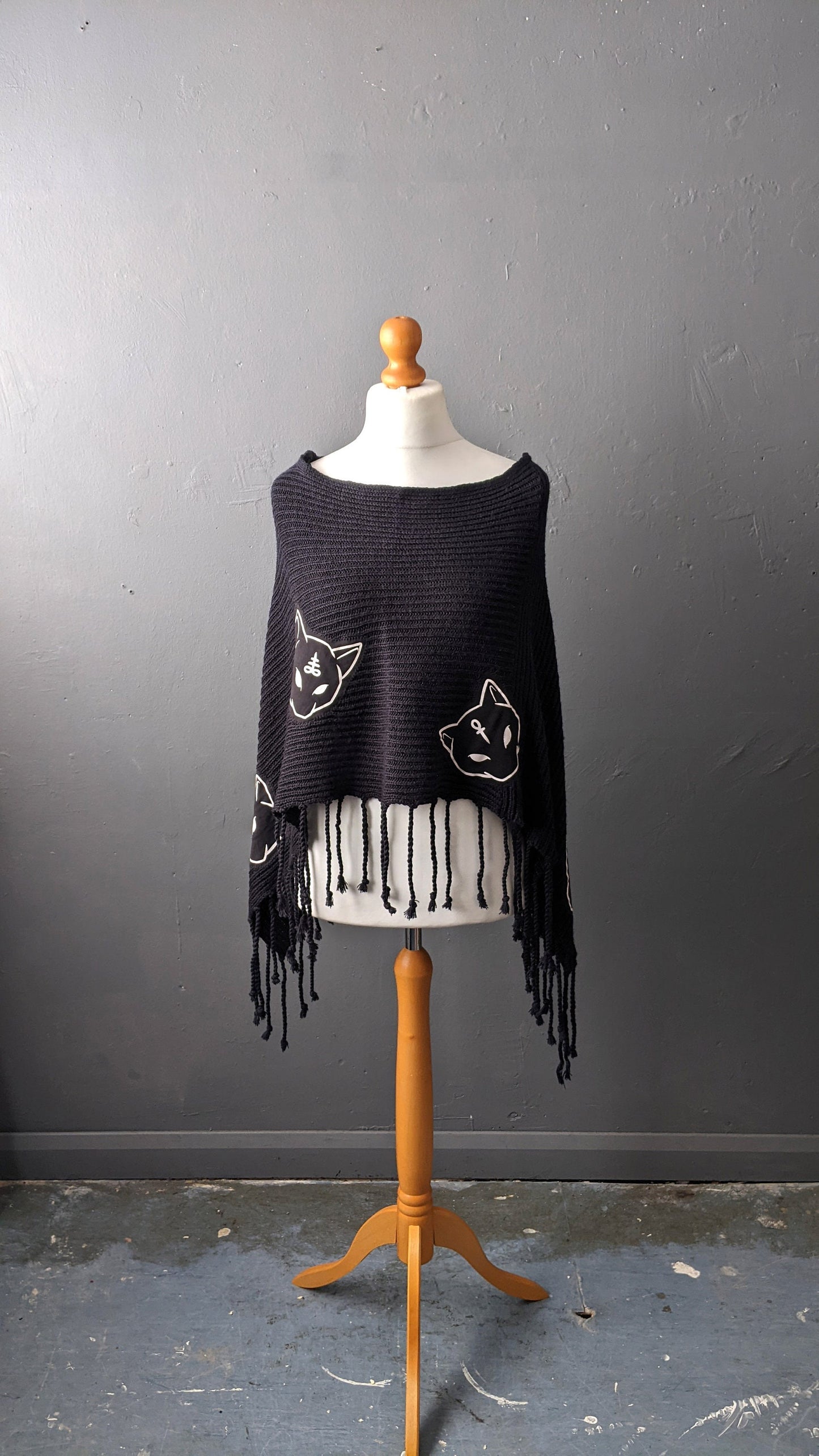 Black Cat Knit Poncho, Nu Goth Cape, Upcycled Occult Clothing