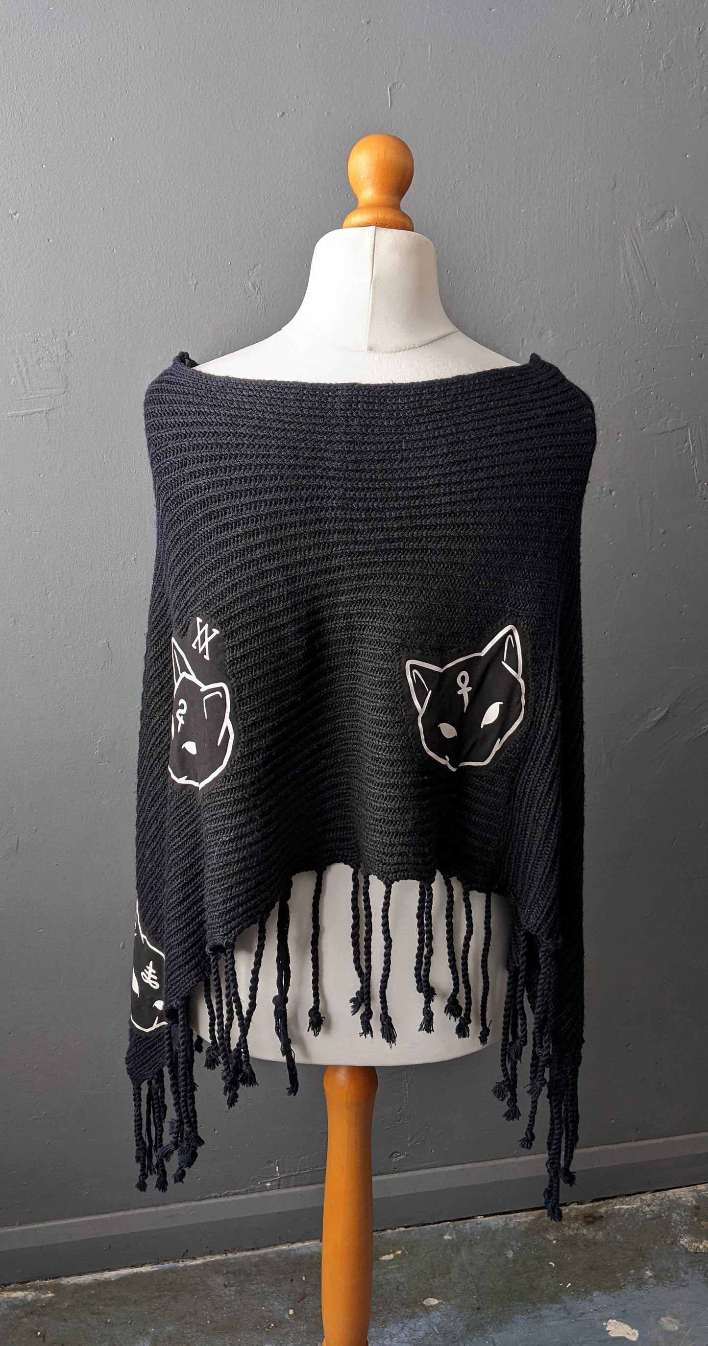 Black Cat Knit Poncho, Nu Goth Cape, Upcycled Occult Clothing