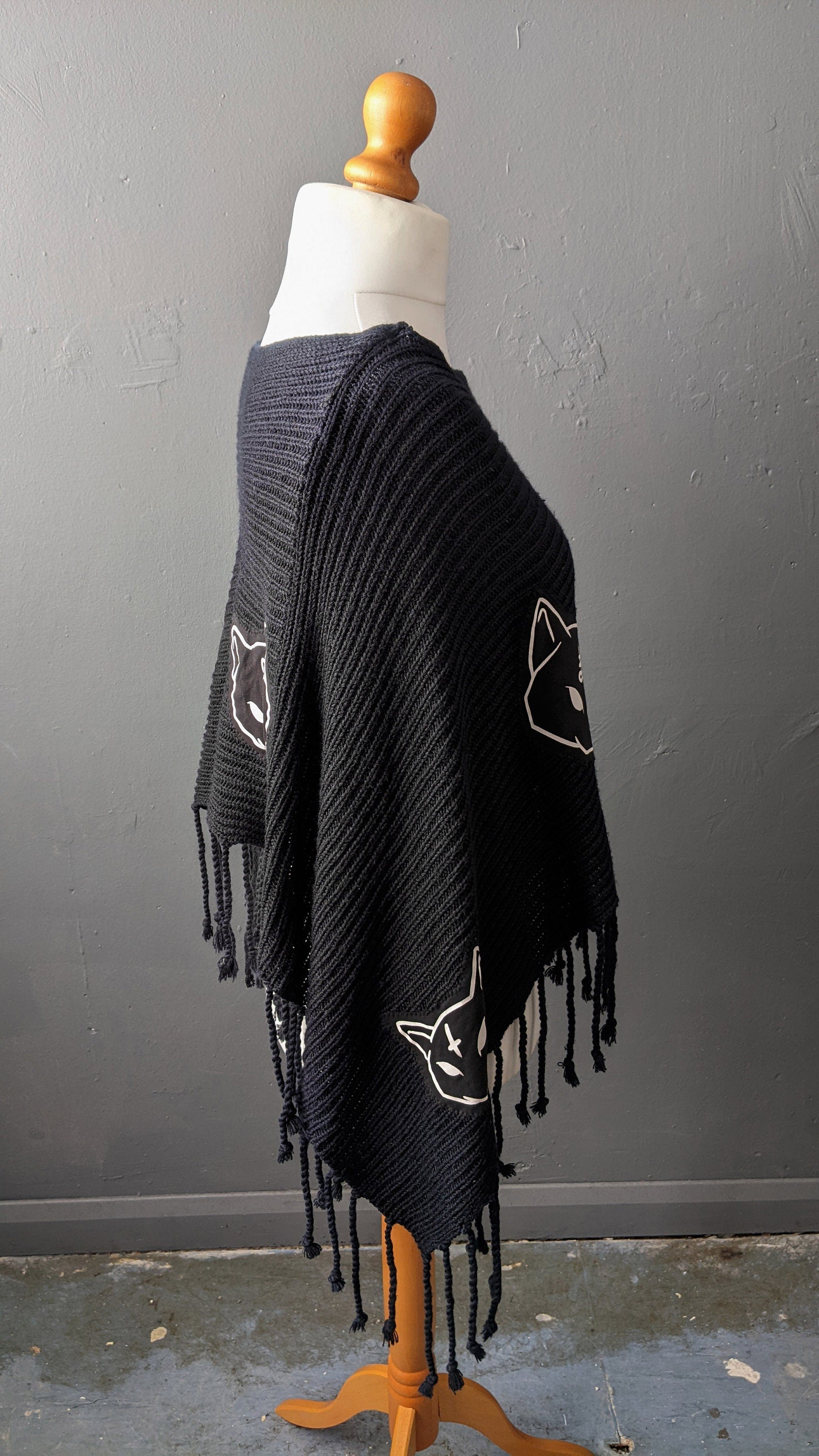 Black Cat Knit Poncho, Nu Goth Cape, Upcycled Occult Clothing