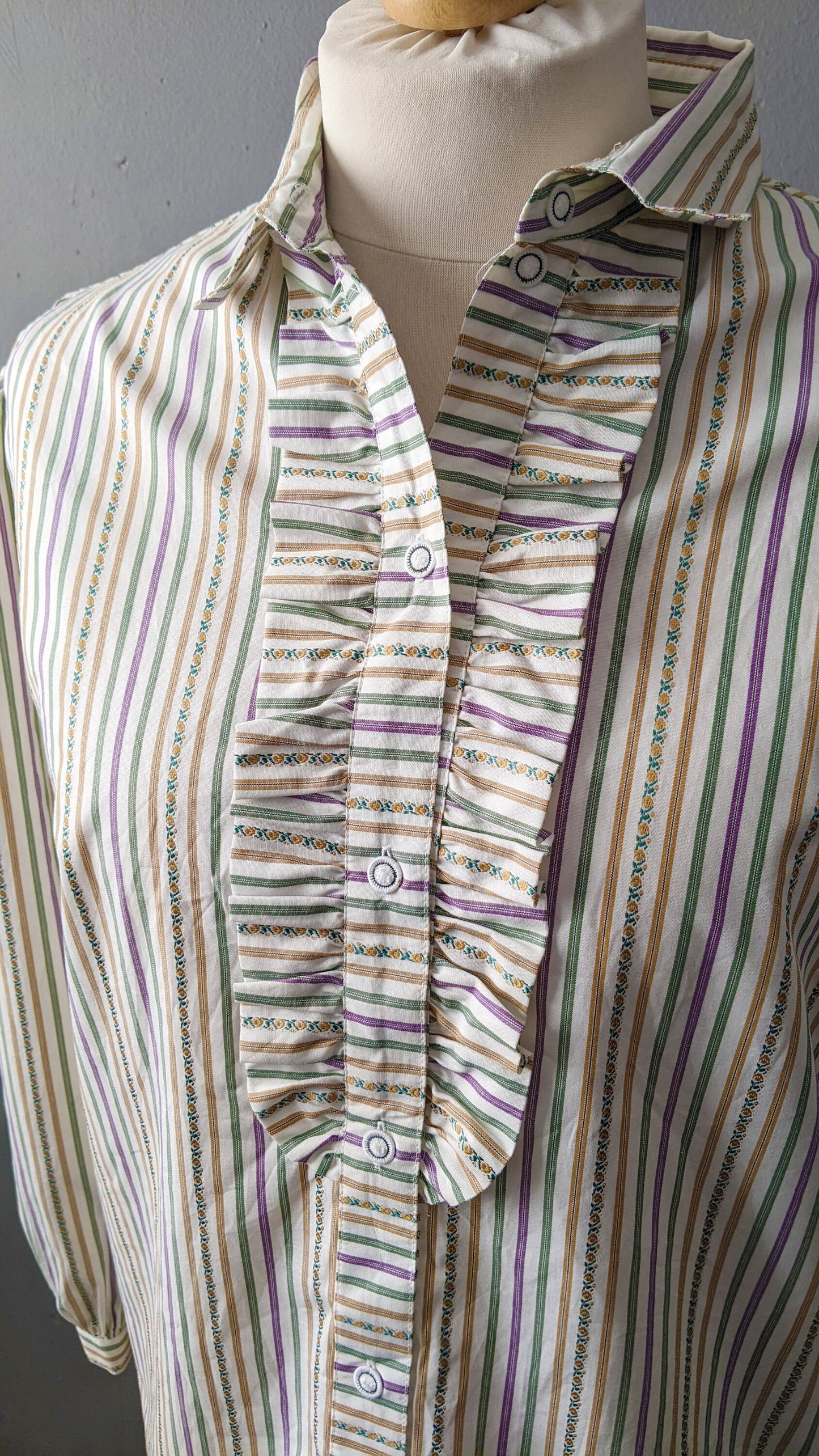 80s Striped Trachten Shirt with Pleated Ruffle Front, XXL Plus Size