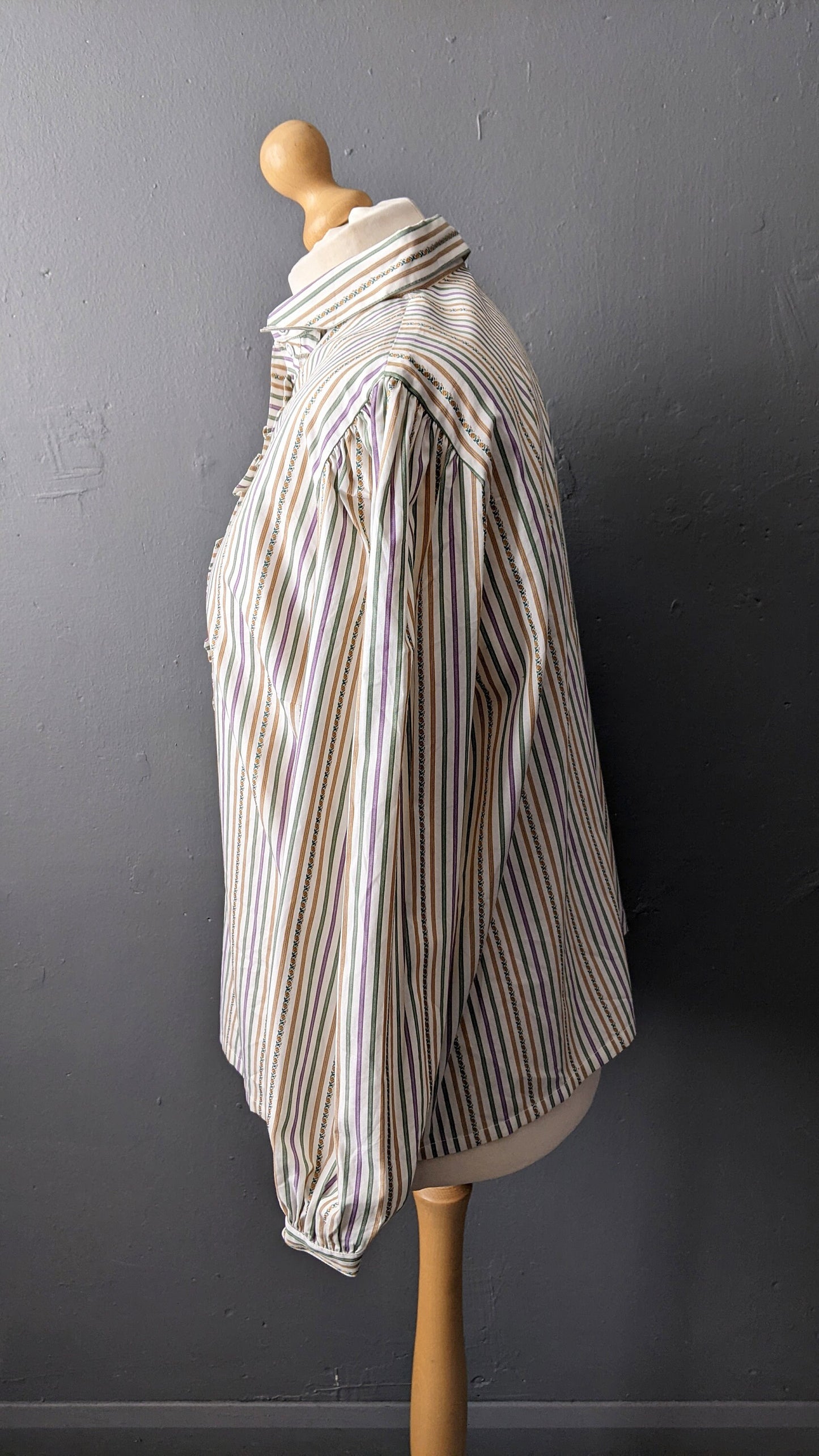 80s Striped Trachten Shirt with Pleated Ruffle Front, XXL Plus Size