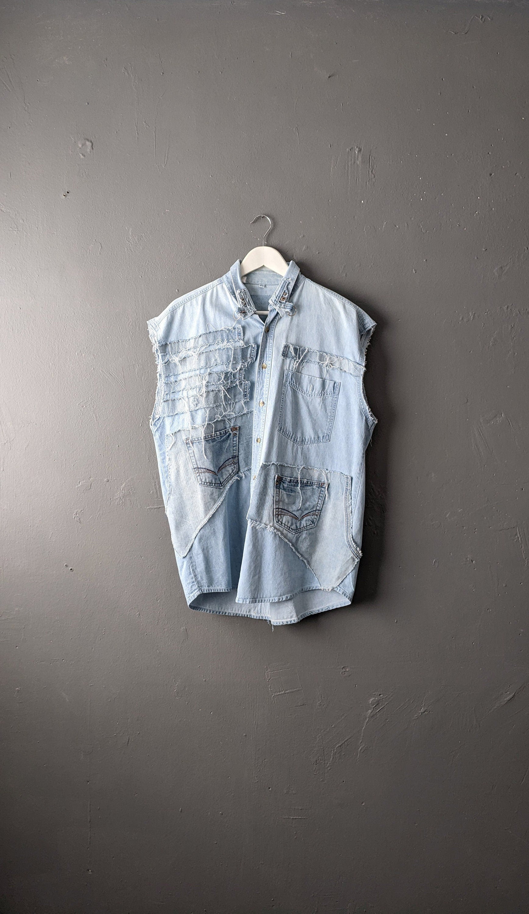 Upcycled Sleeveless Denim Shirt Vest, Frayed Distressed Size Large 42 Chest