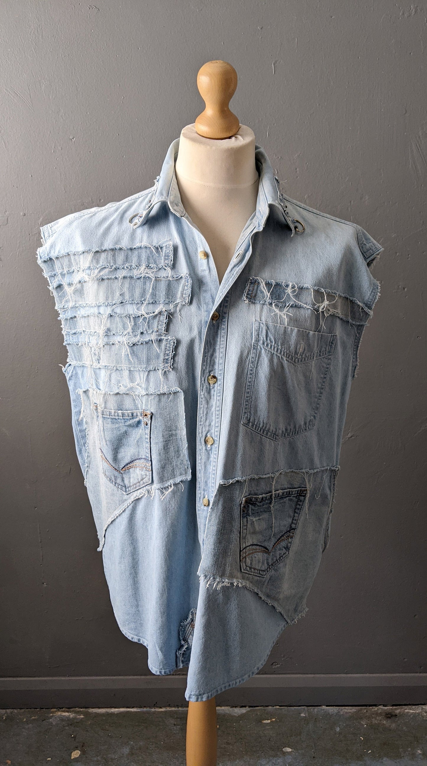 Upcycled Sleeveless Denim Shirt Vest, Frayed Distressed Size Large 42 Chest