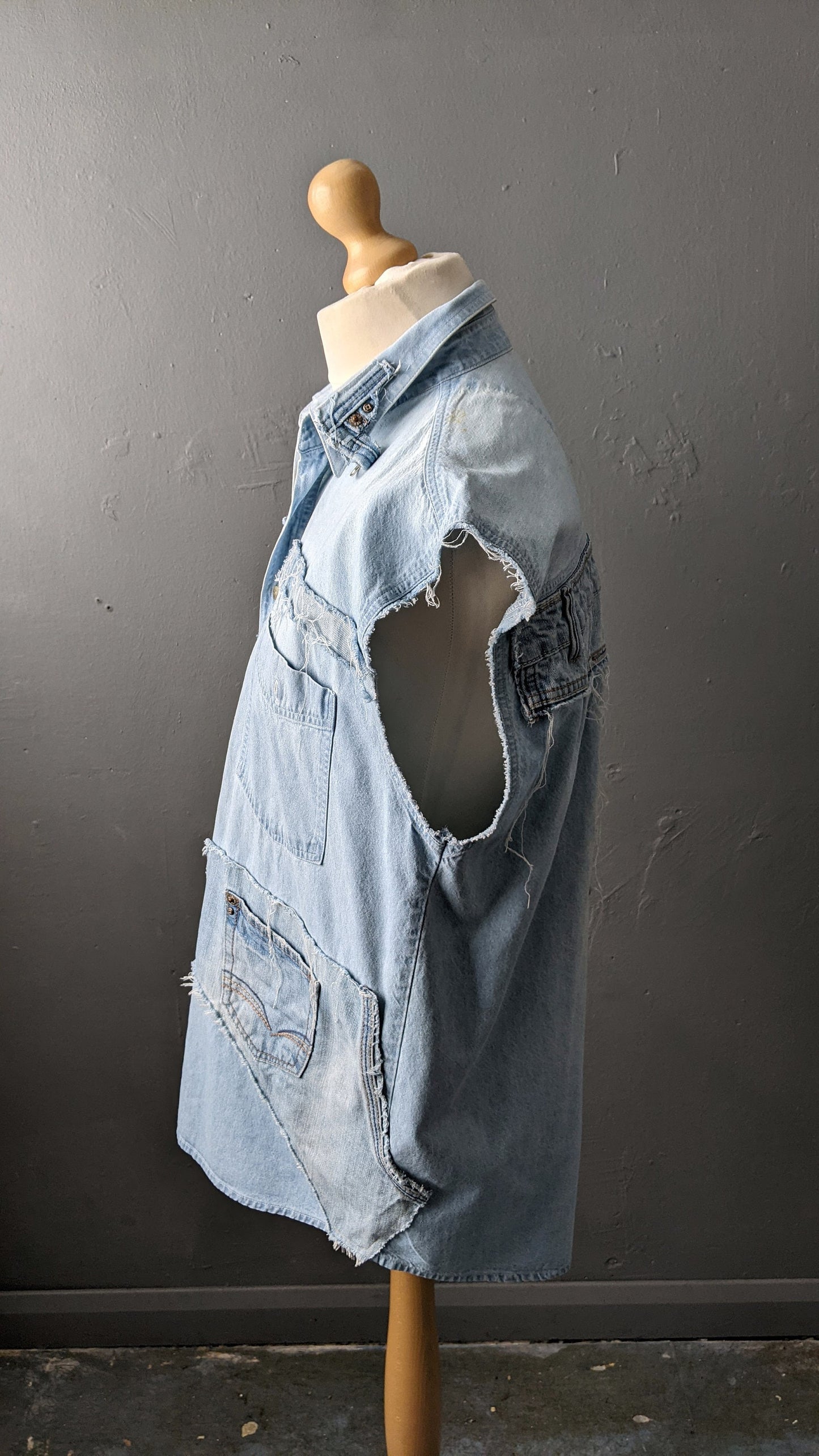 Upcycled Sleeveless Denim Shirt Vest, Frayed Distressed Size Large 42 Chest