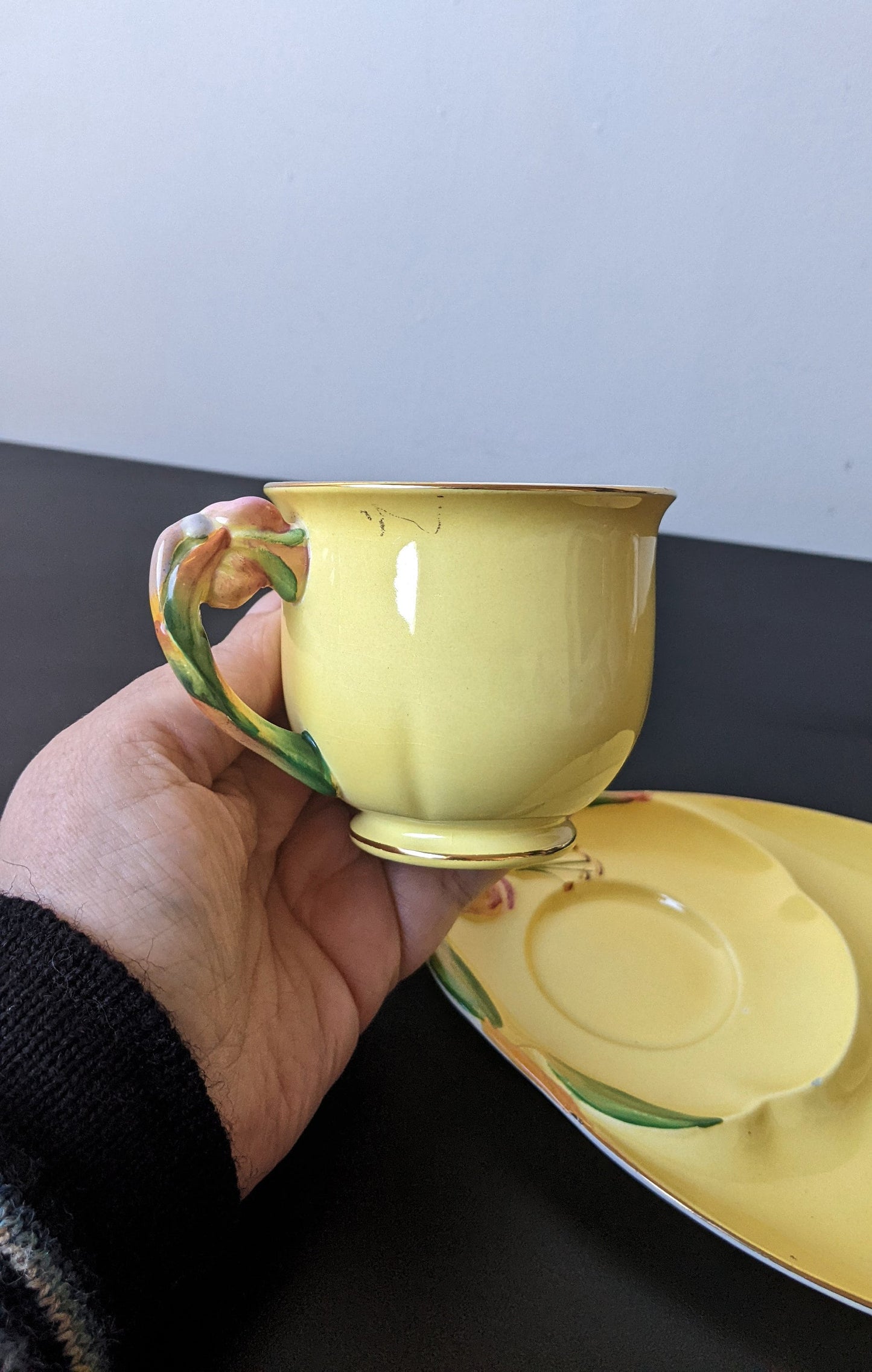 1940s Yellow Tiger Lily Tennis Tea Set by Royal Winton Grimwades, Ornate Floral Cup And Saucer