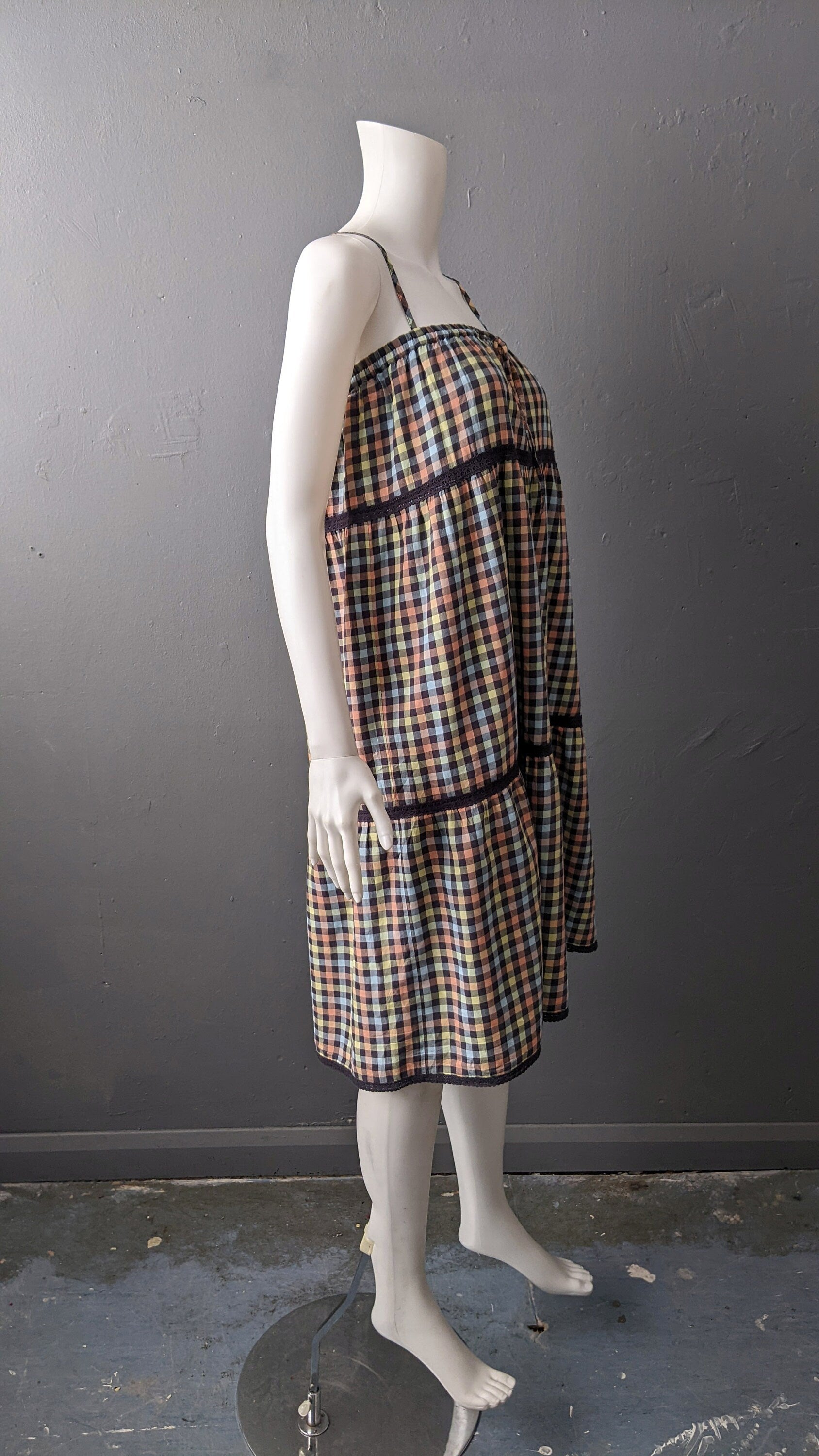 90s Multicoloured Check Sundress, Summer Maternity Strappy Dress, Size Small Medium