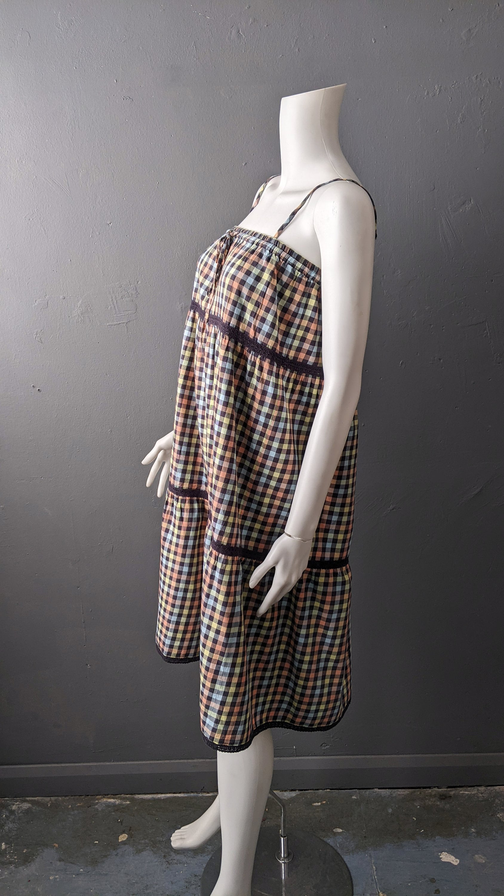 90s Multicoloured Check Sundress, Summer Maternity Strappy Dress, Size Small Medium