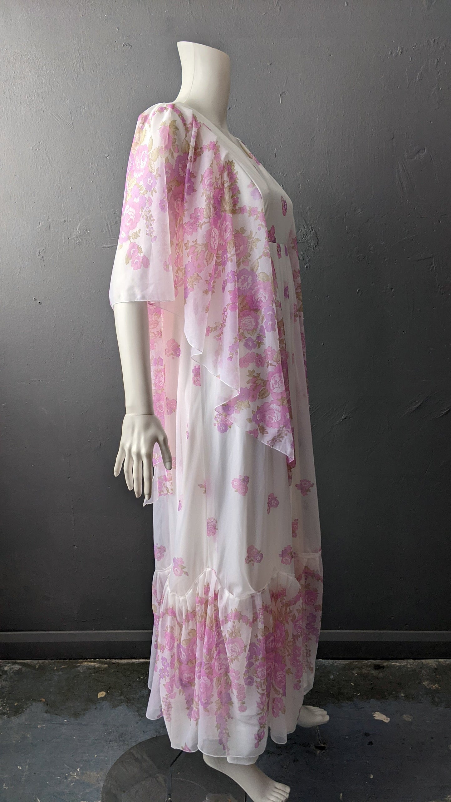 70s Boho Floaty Maxi Dress with Sheer Floral Angel Sleeves, Size Small