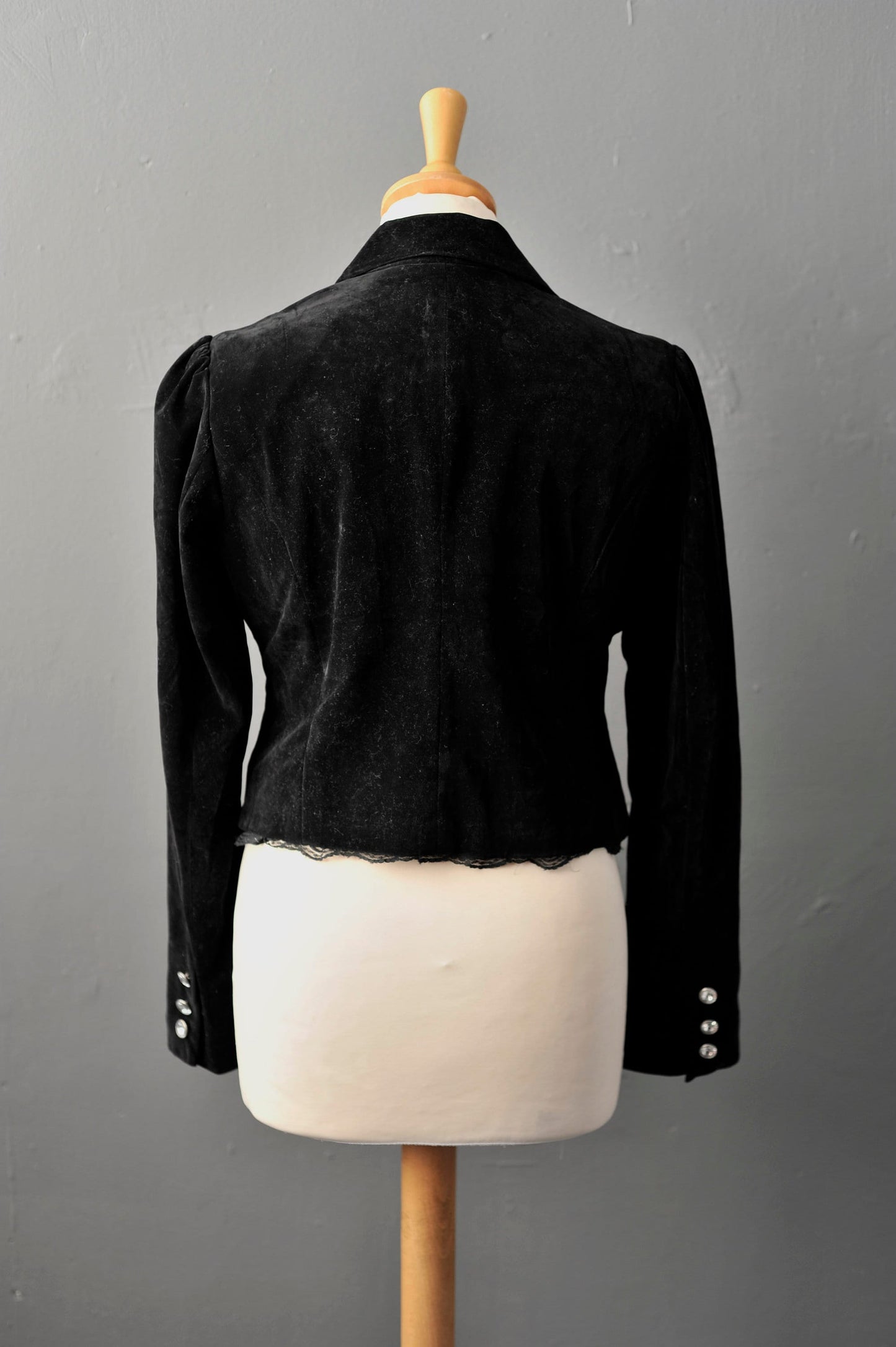 Cropped Black Velvet Jacket, Vintage 90s Fitted Goth Blazer, Size Small