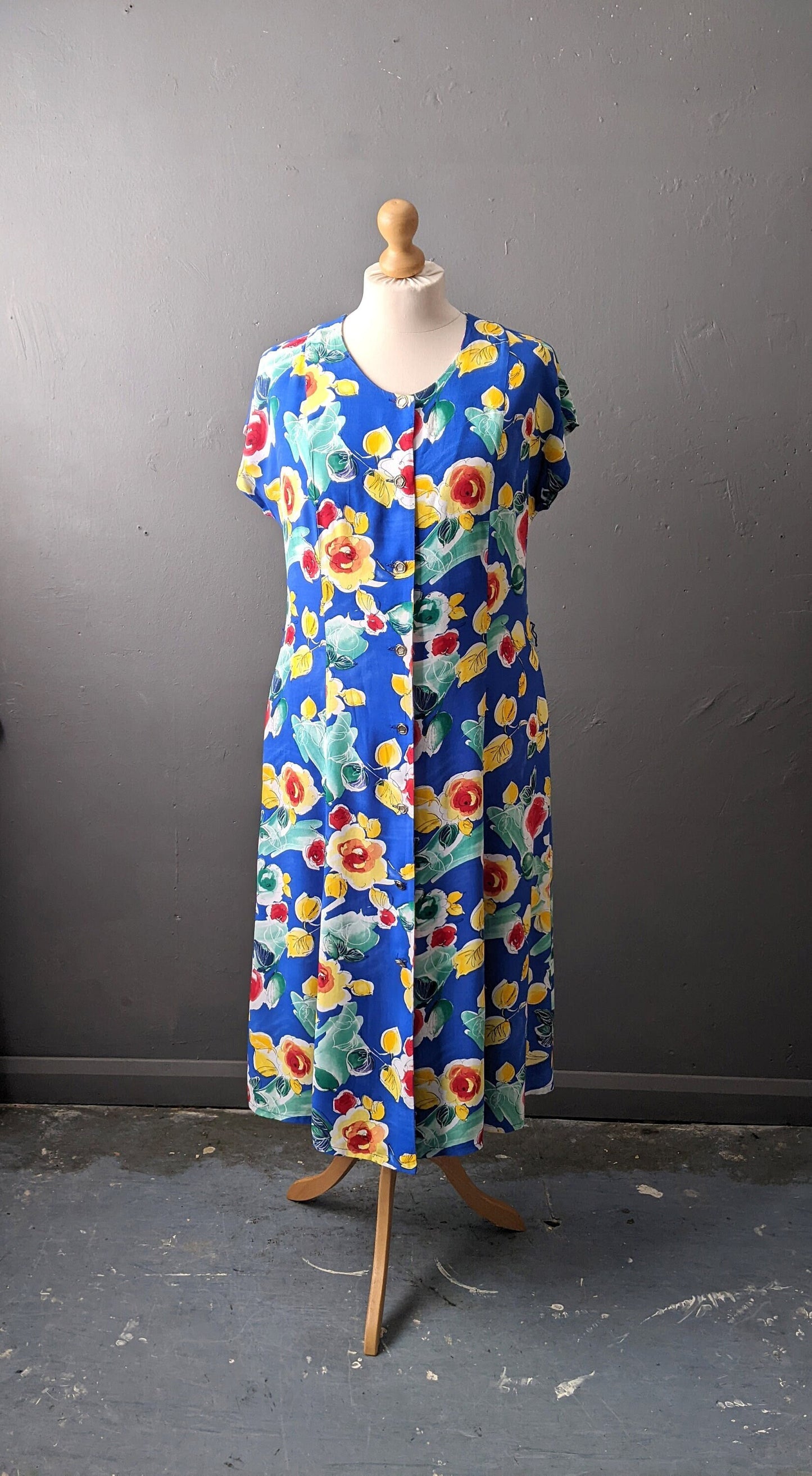 90s Viscose Sundress by Marcelle Griffon, Yellow Roses Dress, Plus Size XL