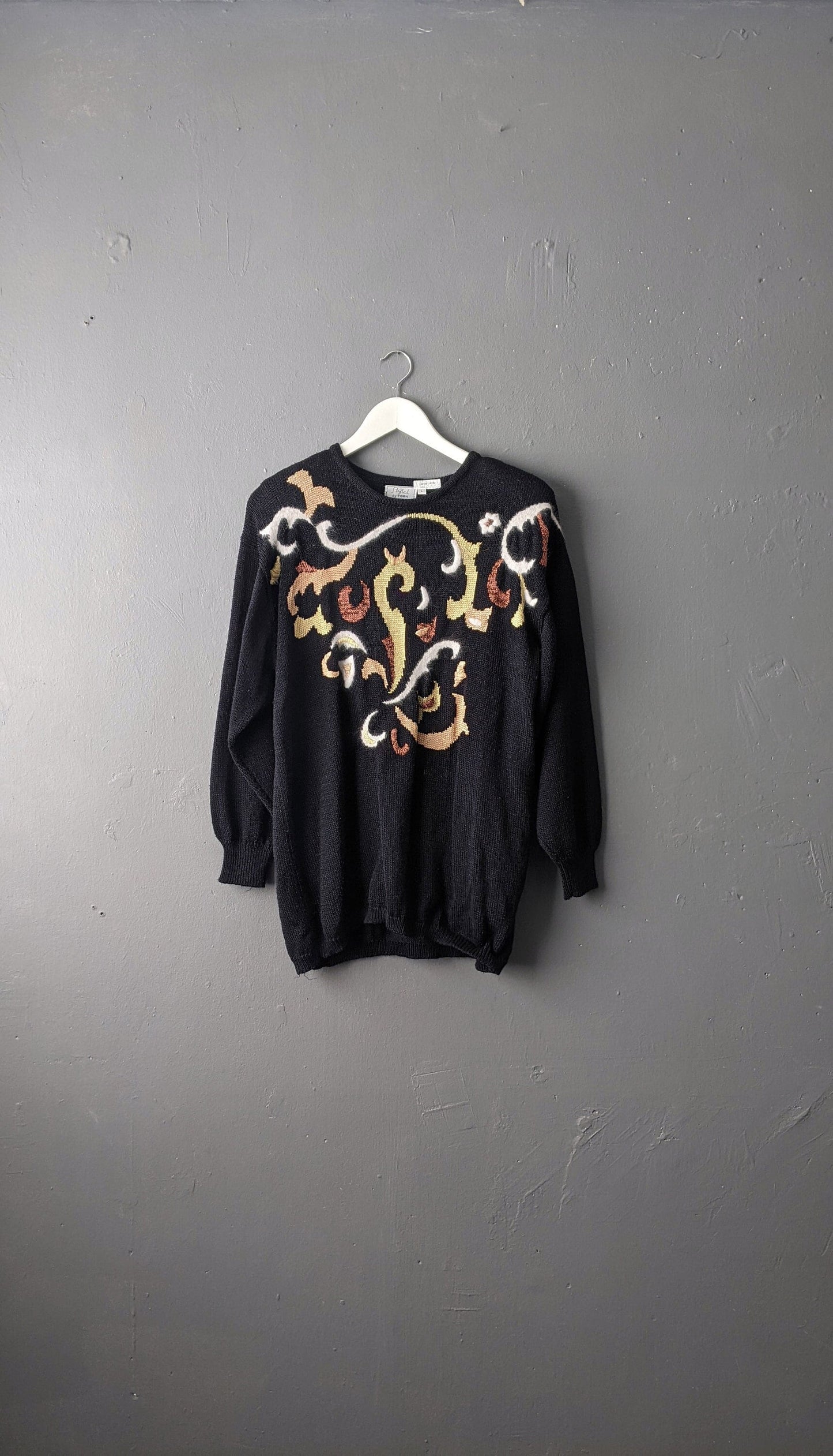 80s Sweater with Angora Curlicue Design, Kitsch Festive Flourish, Size Large XL