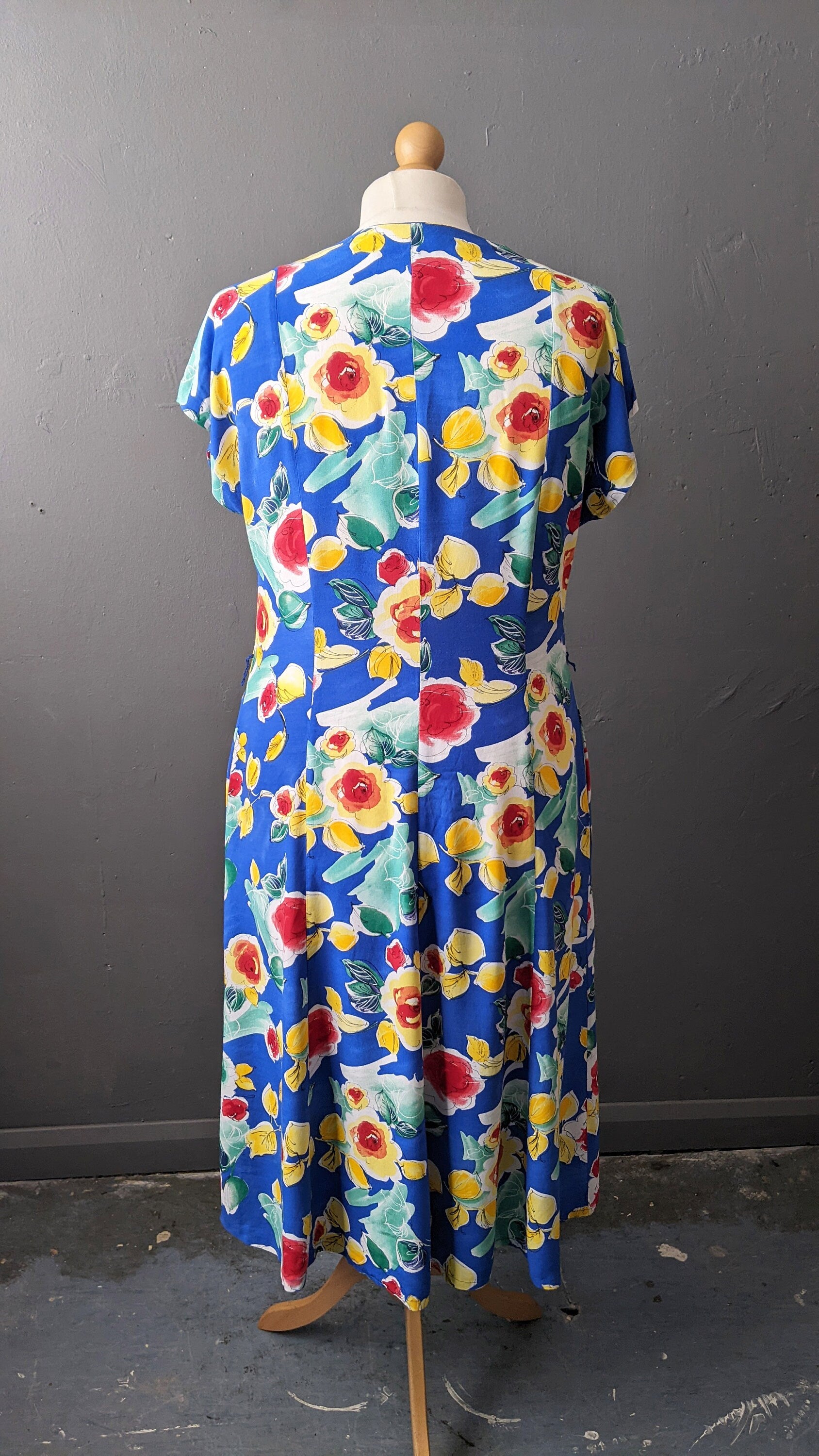 90s Viscose Sundress by Marcelle Griffon, Yellow Roses Dress, Plus Size XL