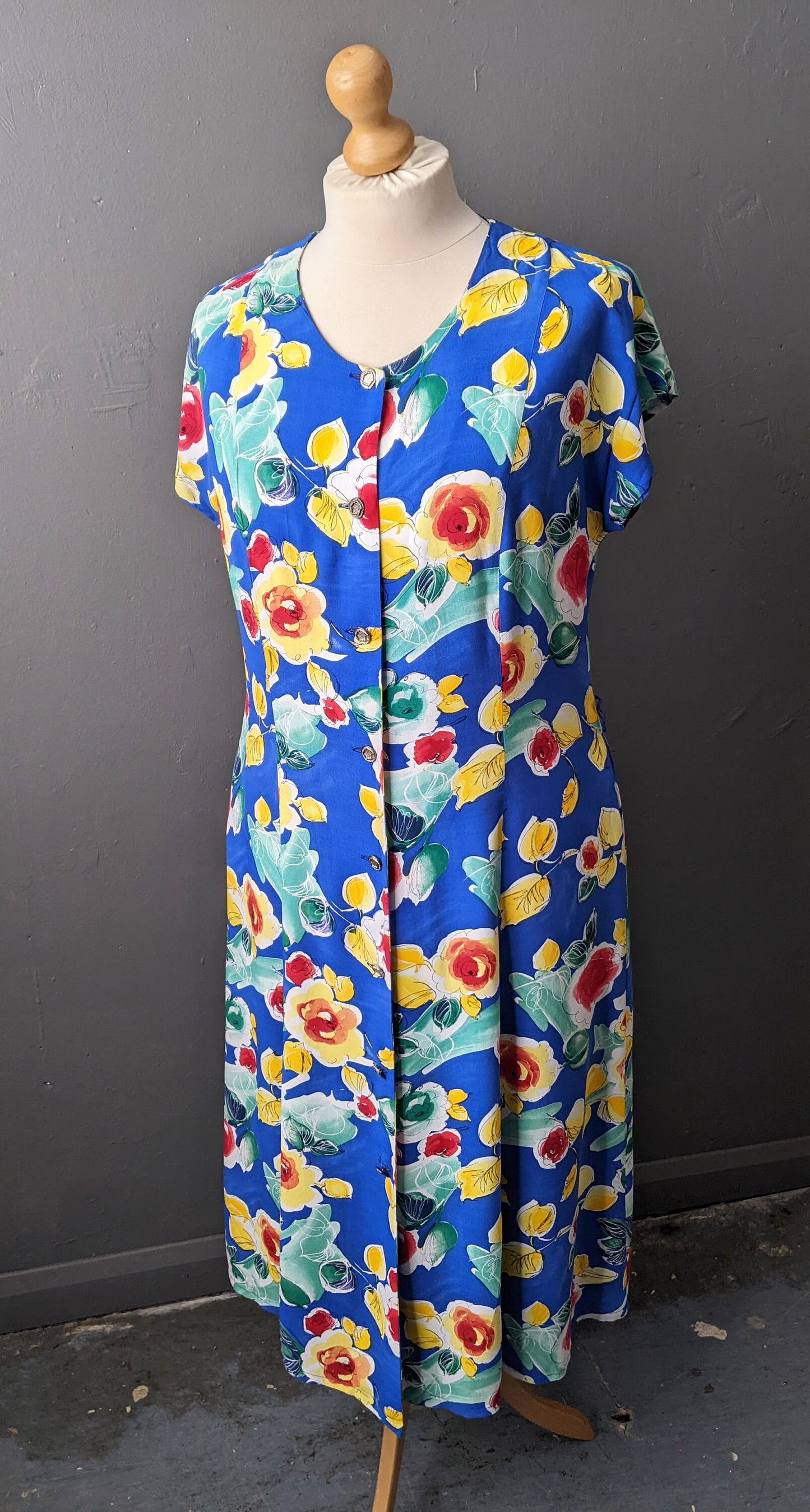 90s Viscose Sundress by Marcelle Griffon, Yellow Roses Dress, Plus Size XL