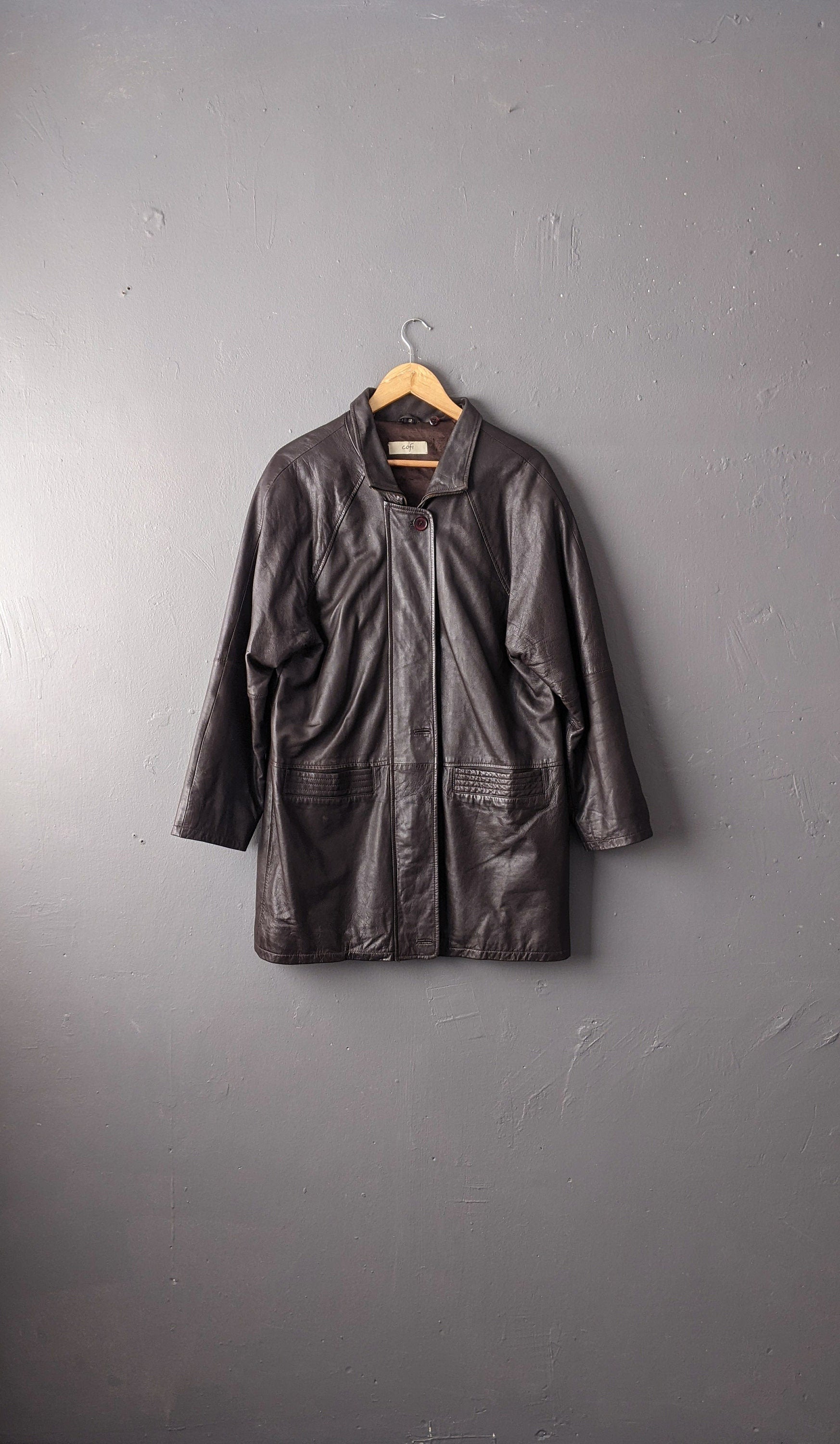 90s Oversized Leather Parka, Dark Brown Hip Long Coat, Size Medium Large
