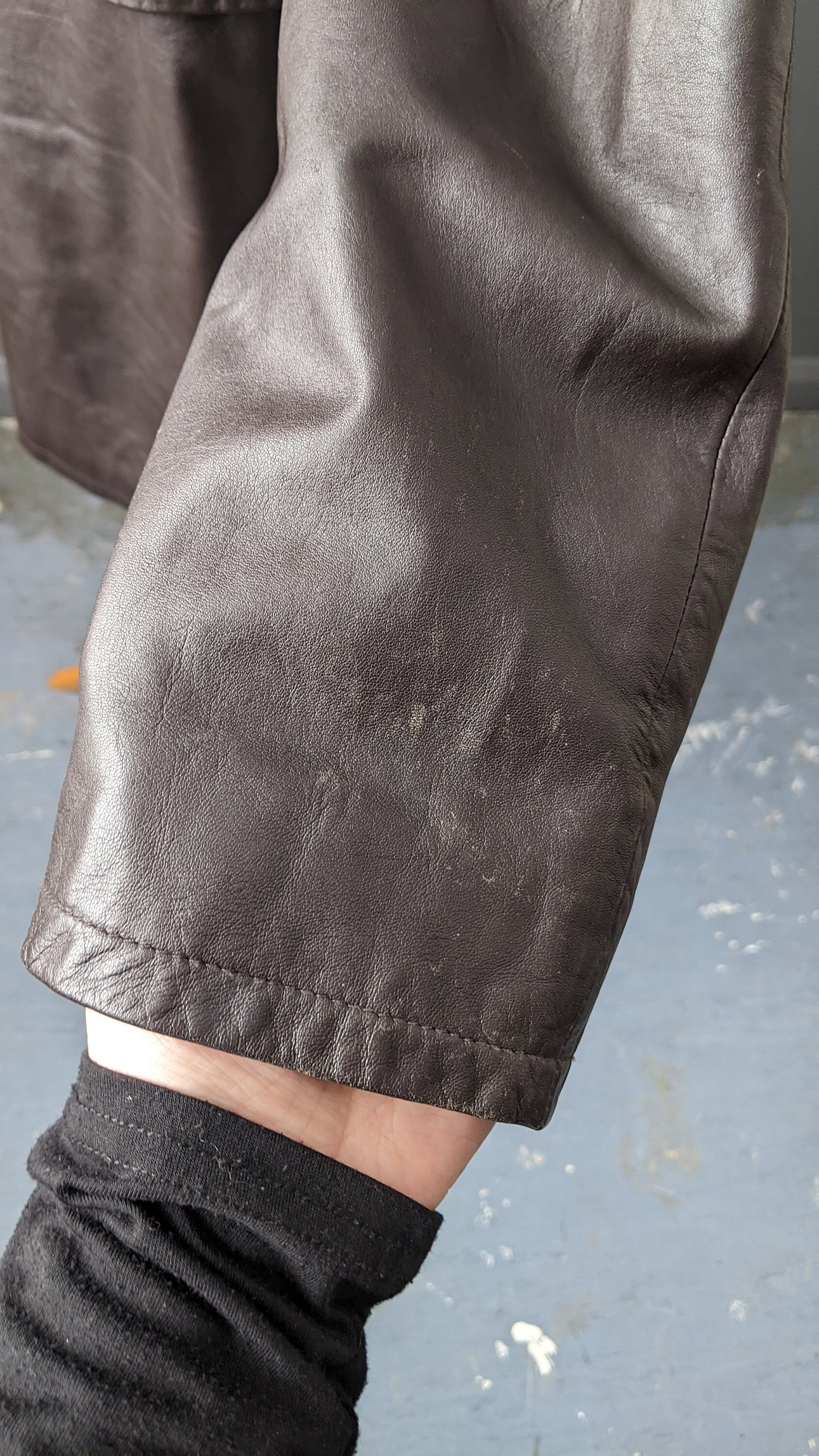 90s Oversized Leather Parka, Dark Brown Hip Long Coat, Size Medium Large