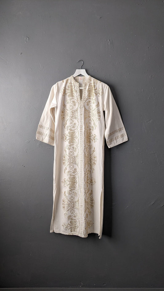 Vintage Greek Kaftan with Gold Embroidery, 70s Cotton Robe, Holiday Coverup, Size Small