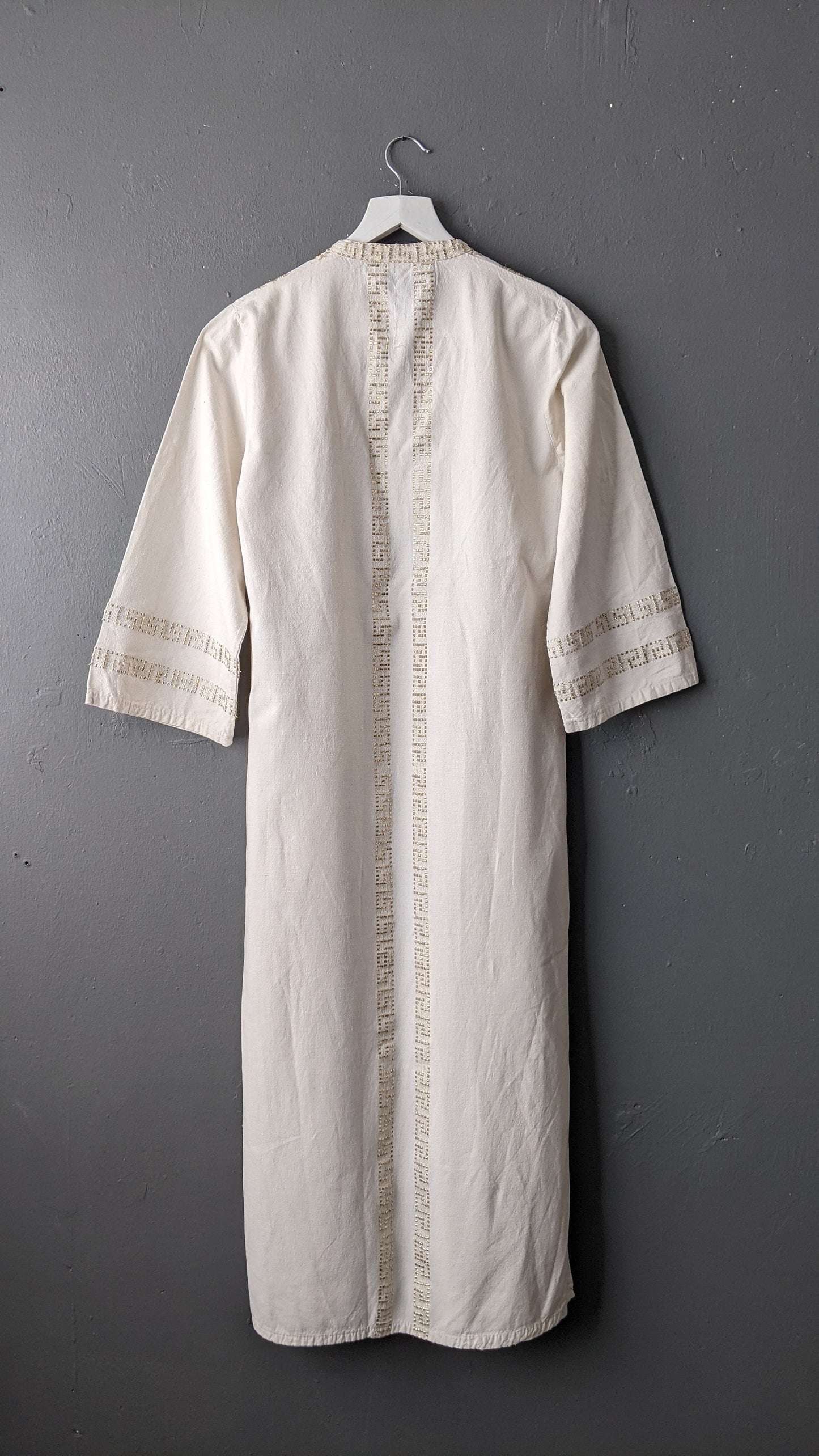 Vintage Greek Kaftan with Gold Embroidery, 70s Cotton Robe, Holiday Coverup, Size Small