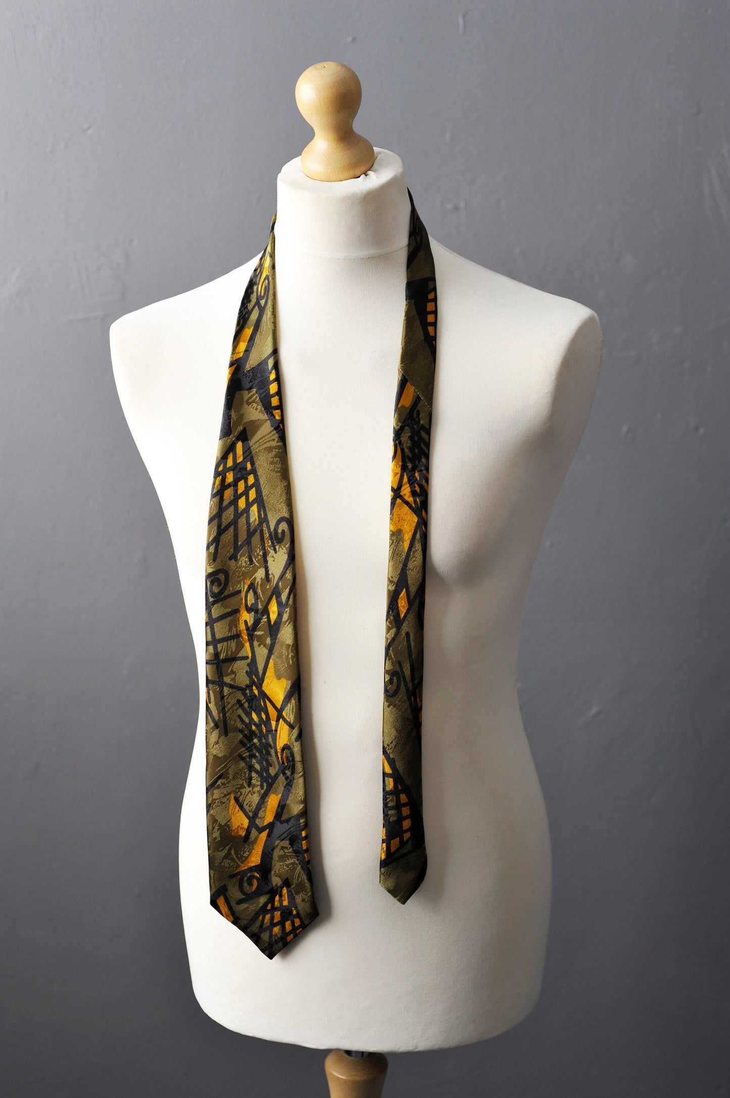 80s Khaki Abstract Geometric Tie, Modern Art Necktie