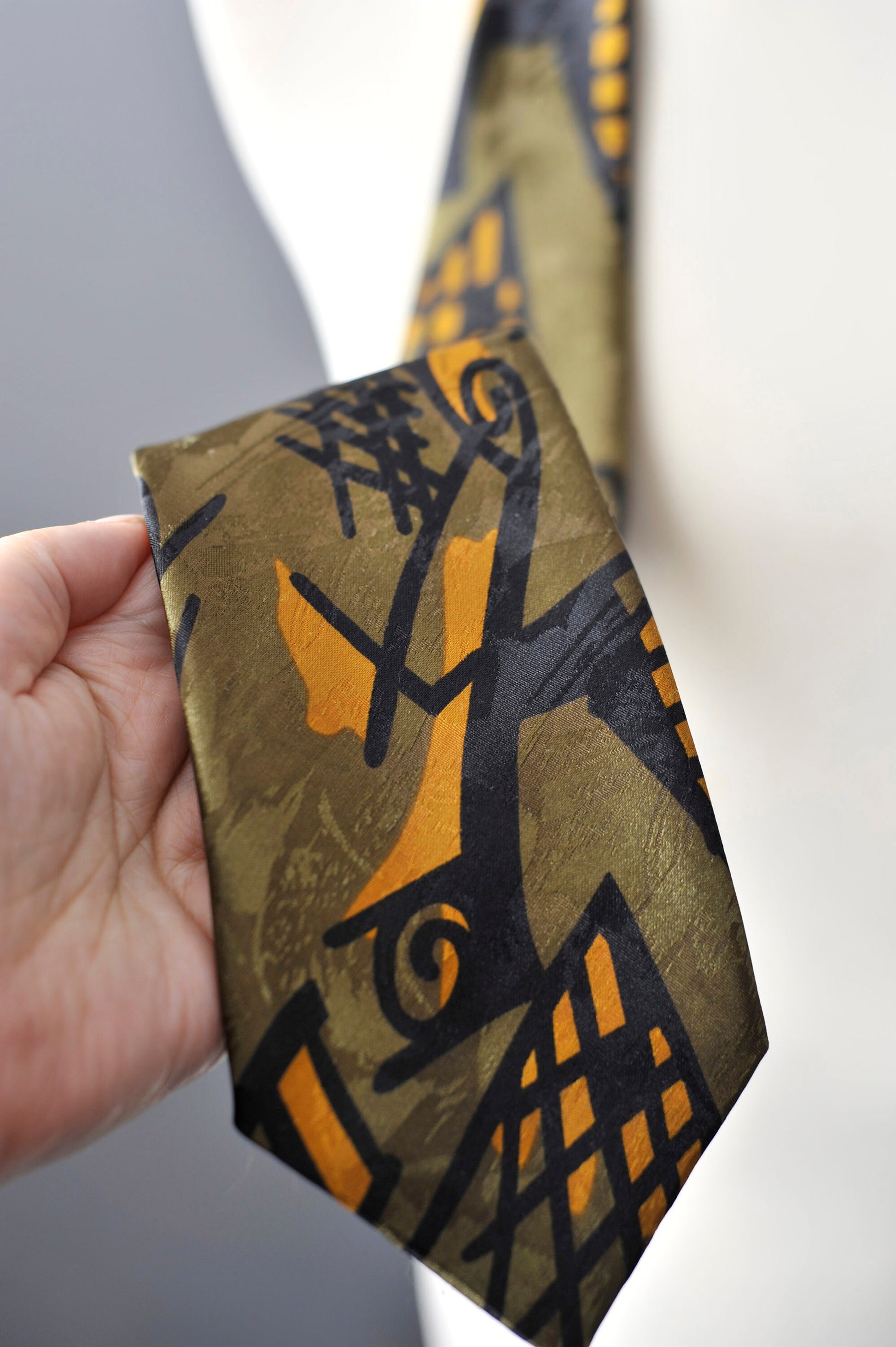 80s Khaki Abstract Geometric Tie, Modern Art Necktie