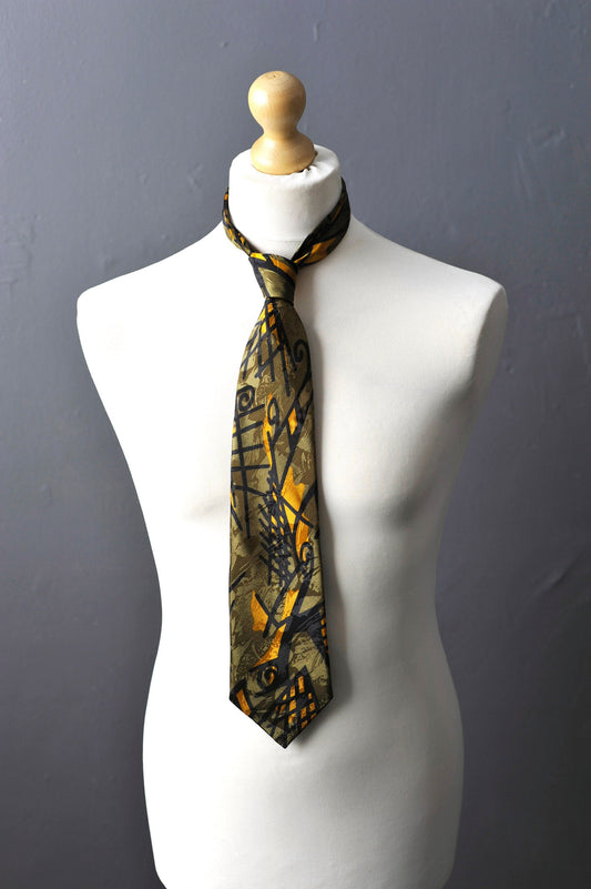 80s Khaki Abstract Geometric Tie, Modern Art Necktie