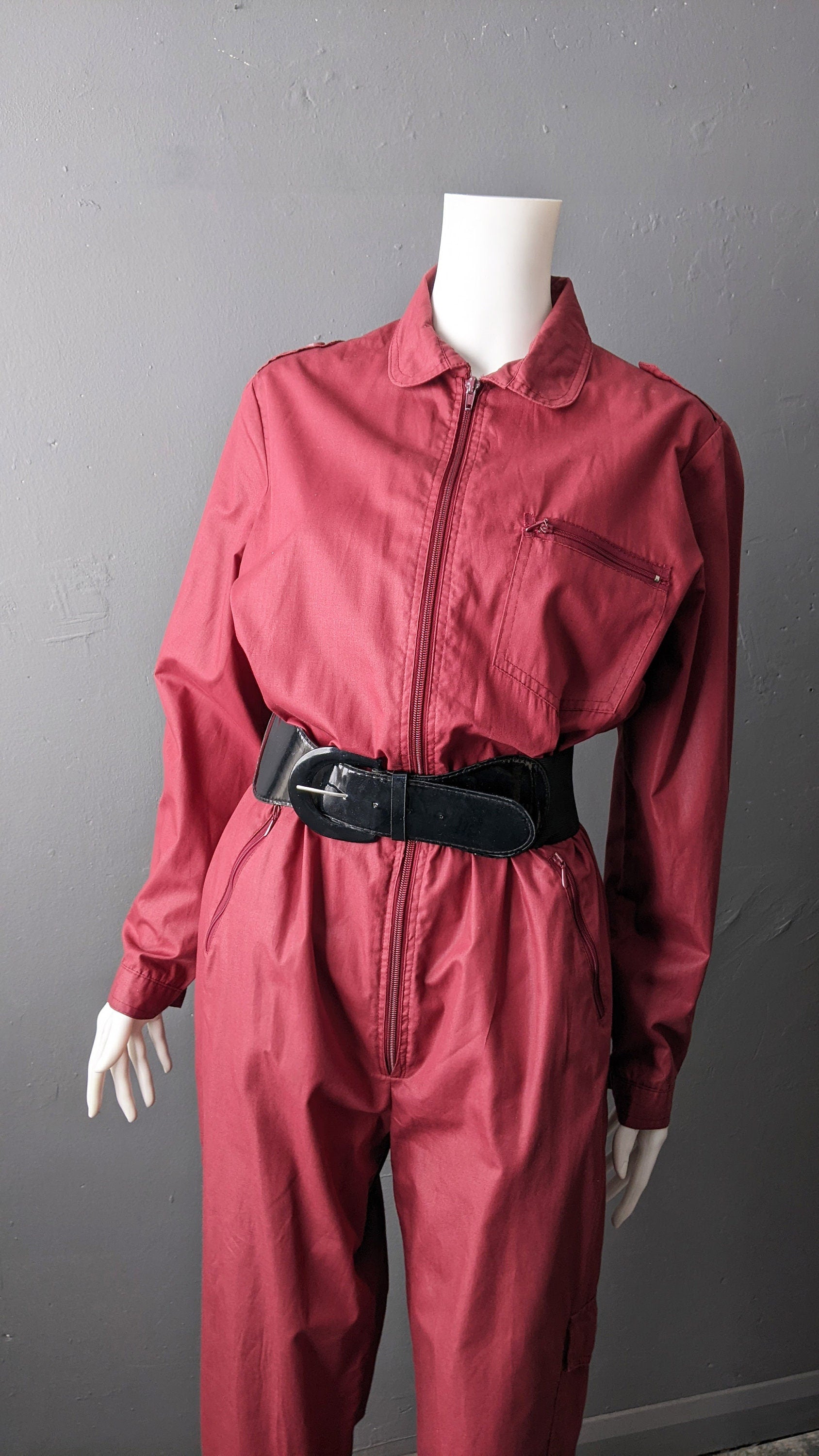 80s Utilitarian Jumpsuit, Burgundy Red Coveralls, Poly Cotton Zip Front Boilersuit, Size Large