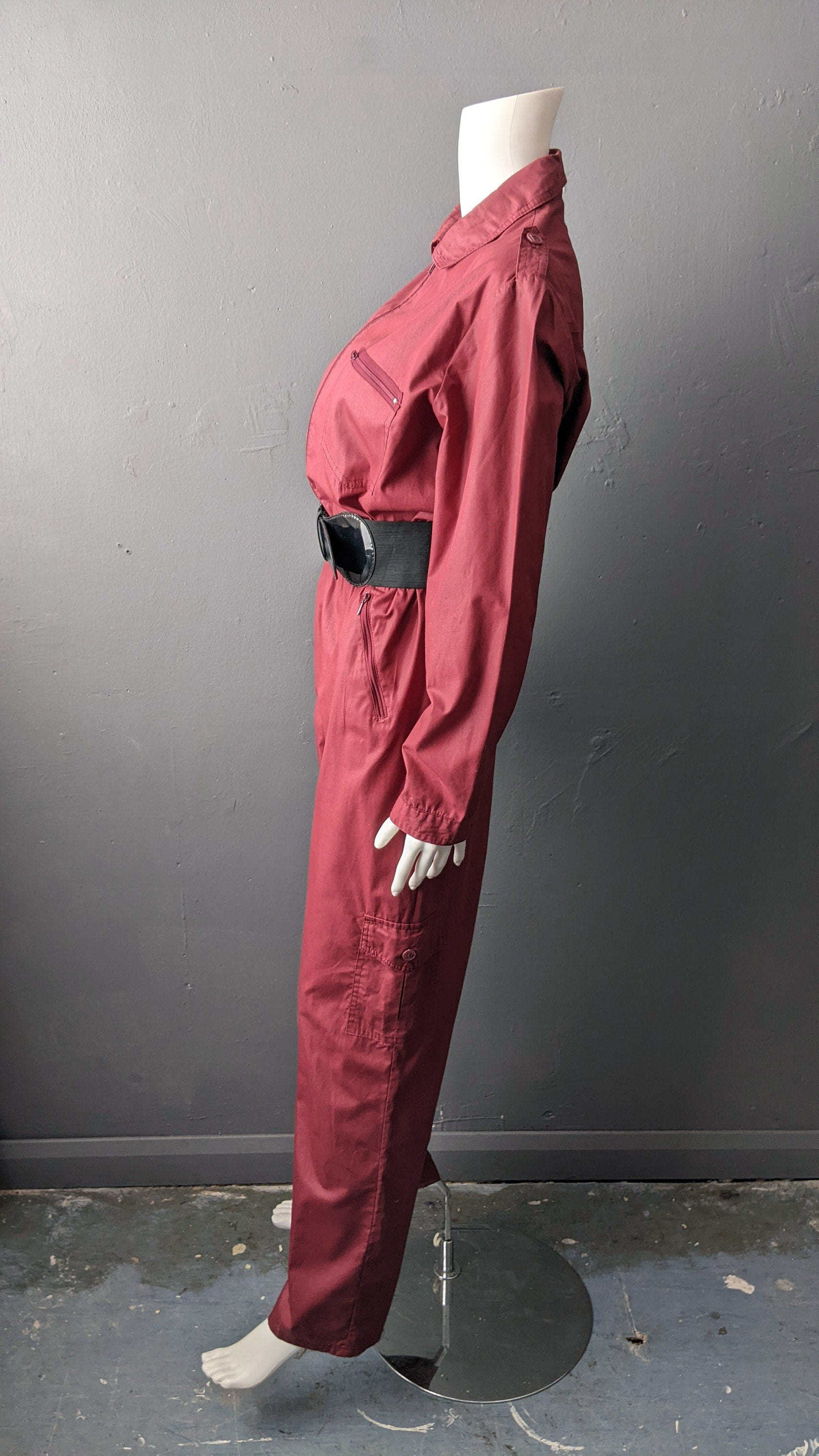 80s Utilitarian Jumpsuit, Burgundy Red Coveralls, Poly Cotton Zip Front Boilersuit, Size Large