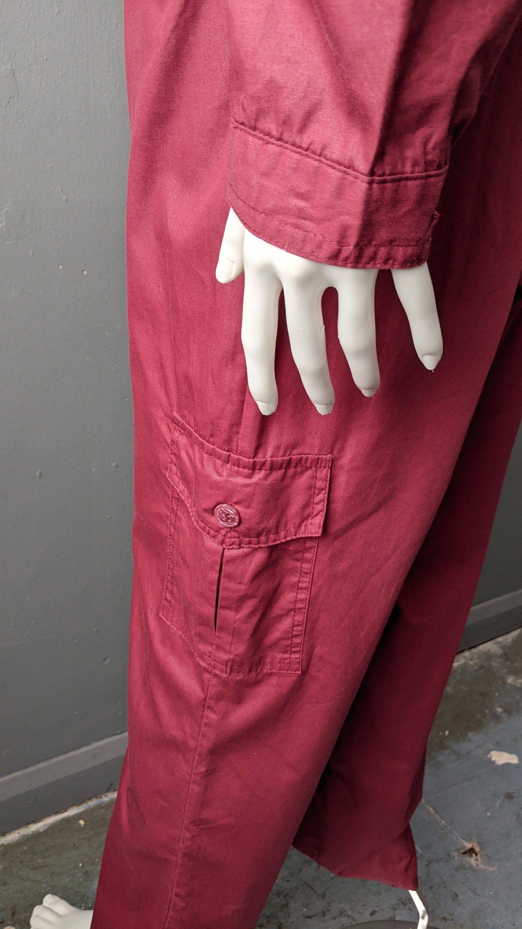 80s Utilitarian Jumpsuit, Burgundy Red Coveralls, Poly Cotton Zip Front Boilersuit, Size Large