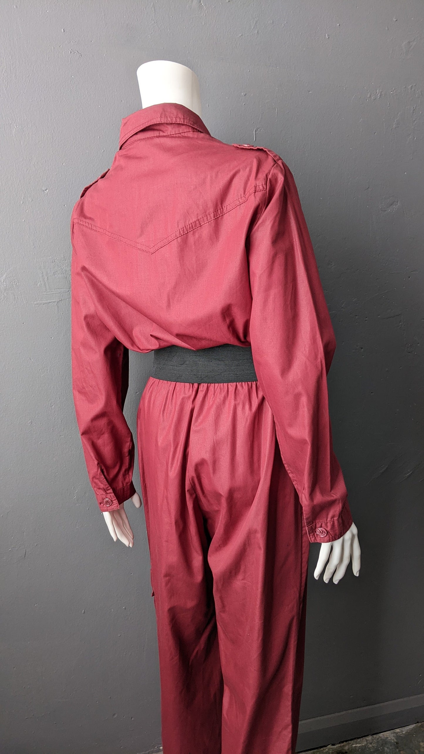 80s Utilitarian Jumpsuit, Burgundy Red Coveralls, Poly Cotton Zip Front Boilersuit, Size Large