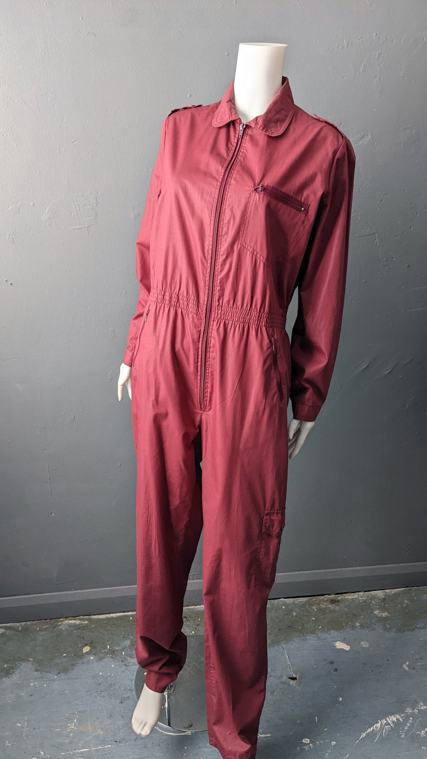 80s Utilitarian Jumpsuit, Burgundy Red Coveralls, Poly Cotton Zip Front Boilersuit, Size Large