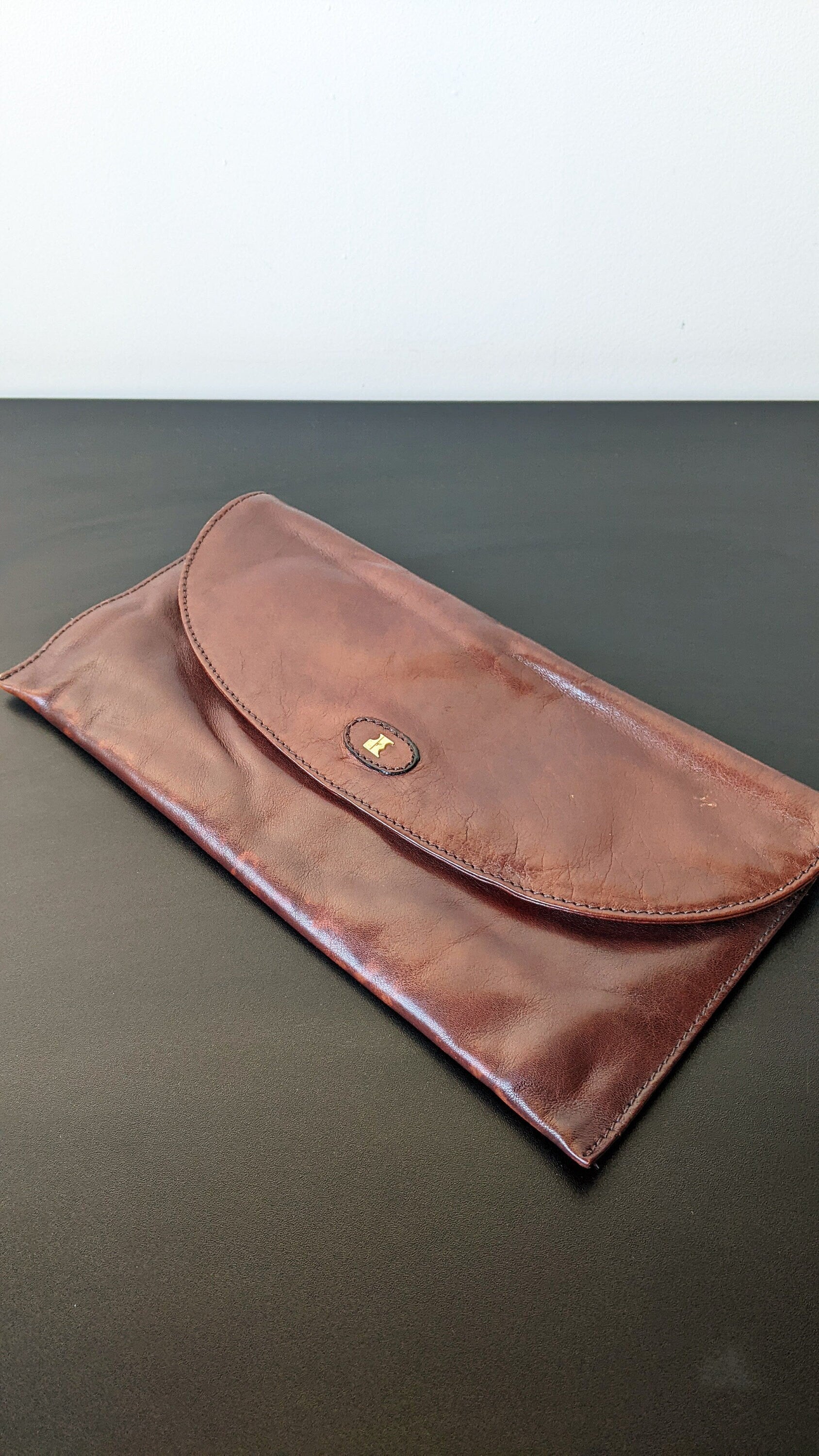 80s Chestnut Brown Leather Pochette Clutch by Jacques Esterel Paris