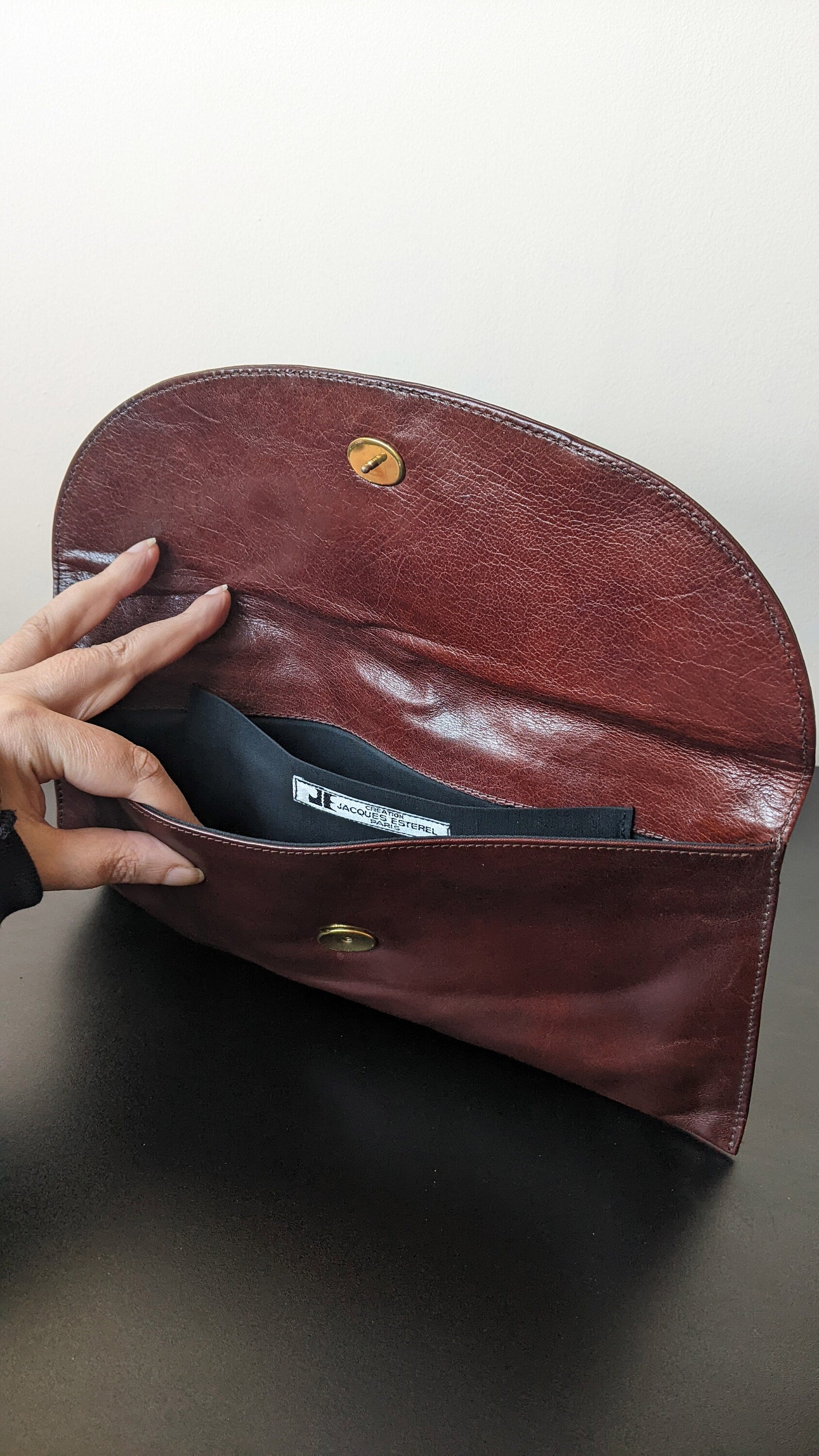 80s Chestnut Brown Leather Pochette Clutch by Jacques Esterel Paris