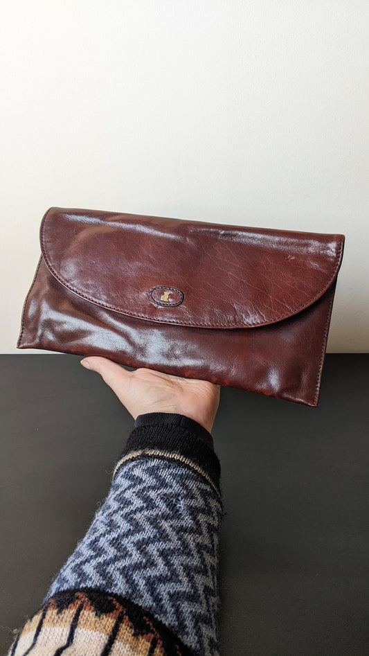 80s Chestnut Brown Leather Pochette Clutch by Jacques Esterel Paris