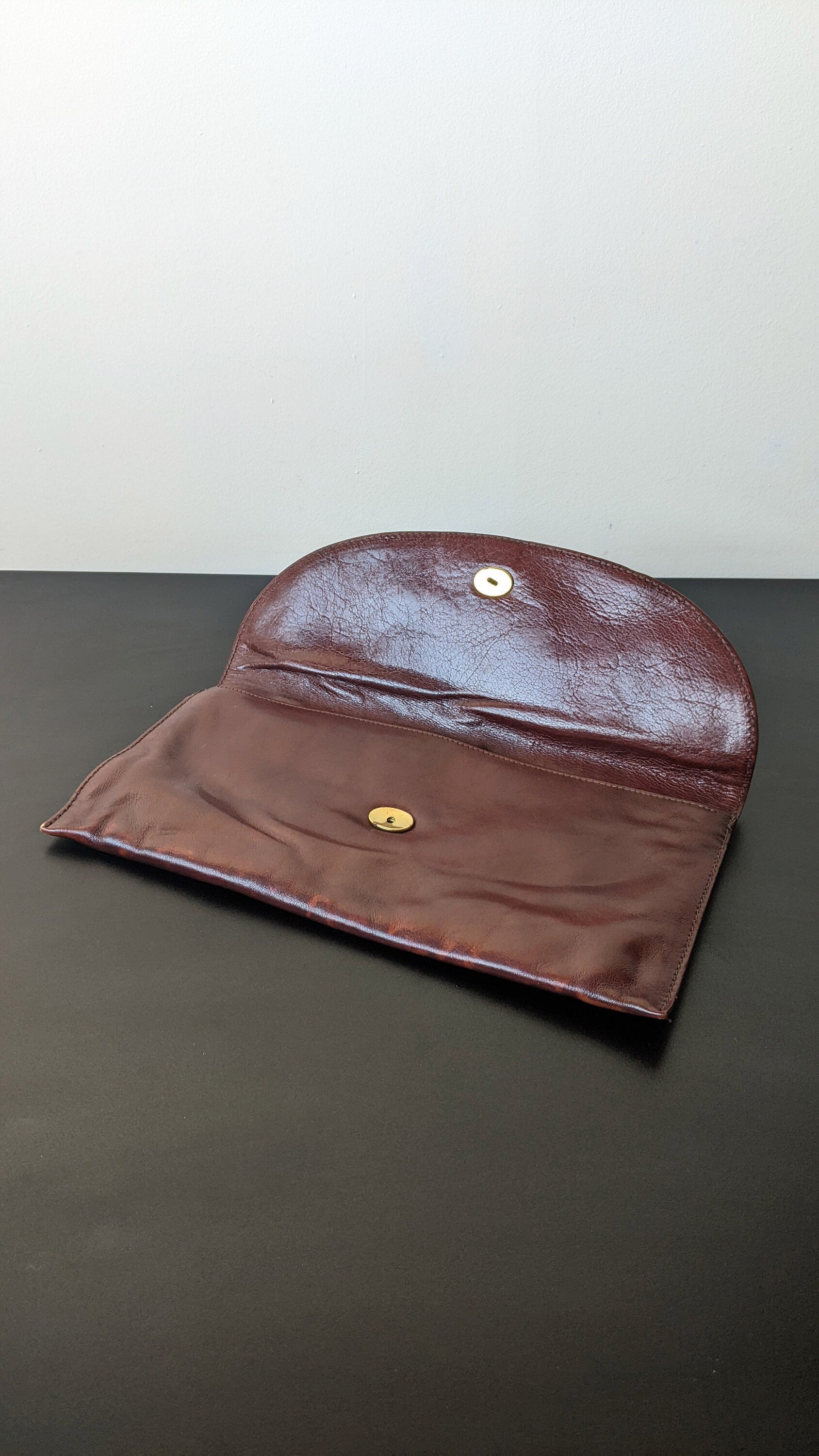 80s Chestnut Brown Leather Pochette Clutch by Jacques Esterel Paris