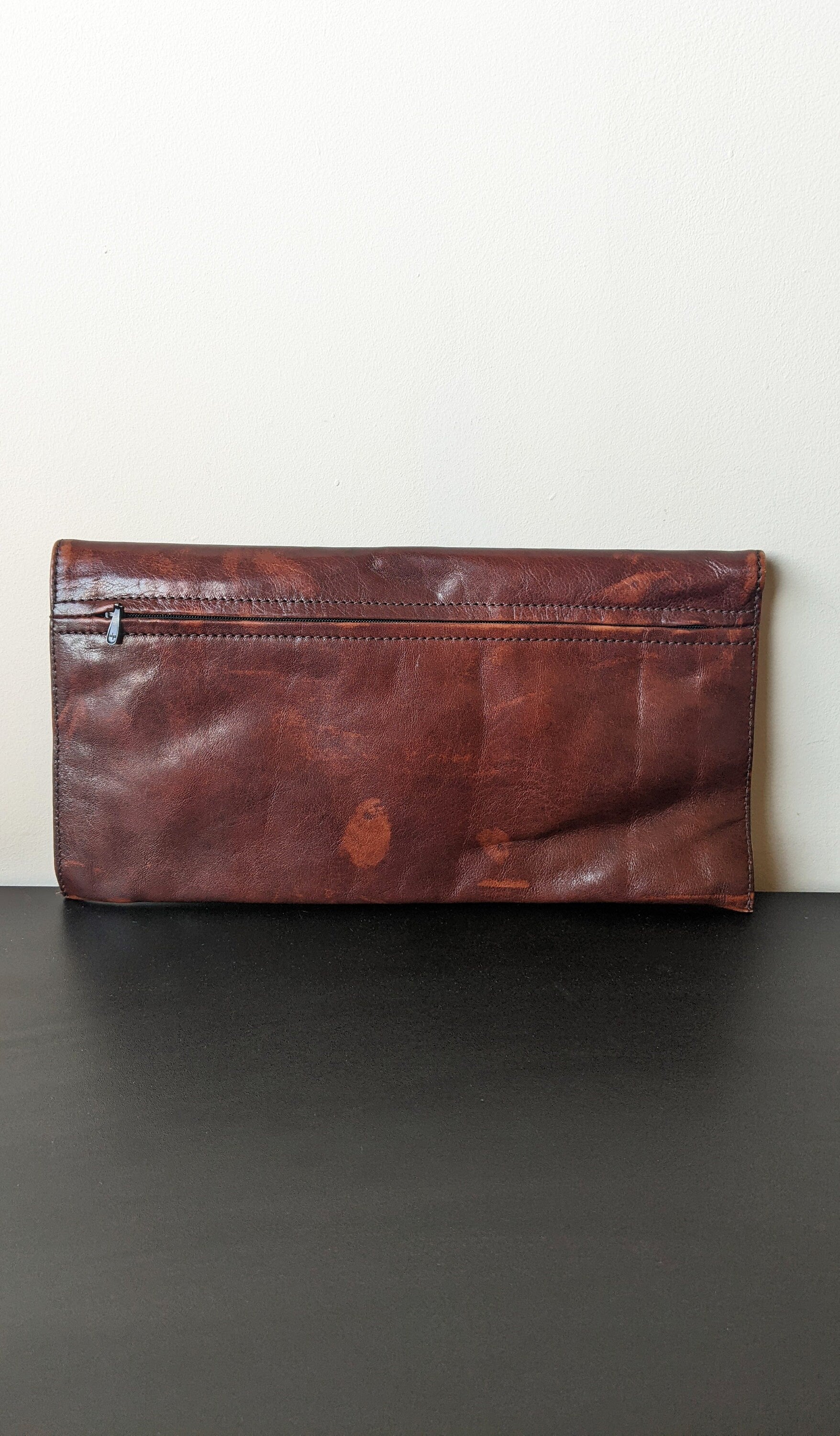 80s Chestnut Brown Leather Pochette Clutch by Jacques Esterel Paris