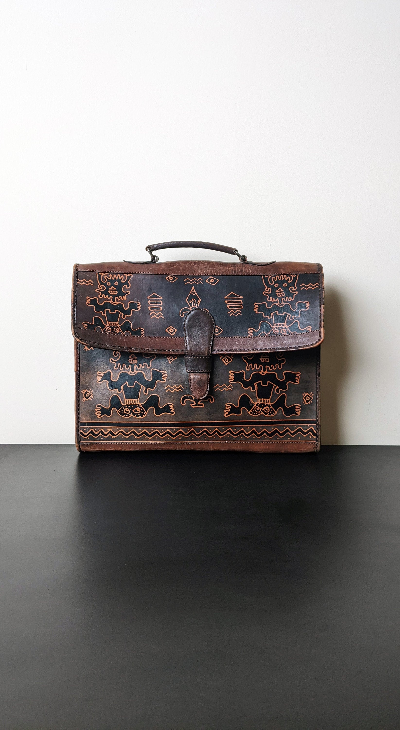 60s Painted Leather Satchel with Mayan Figures, Mexican Tourist Souvenir Bag