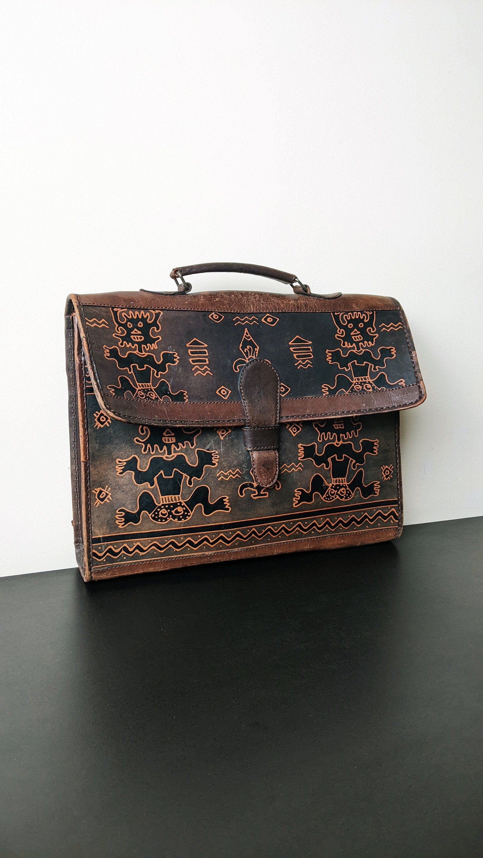 60s Painted Leather Satchel with Mayan Figures, Mexican Tourist Souvenir Bag