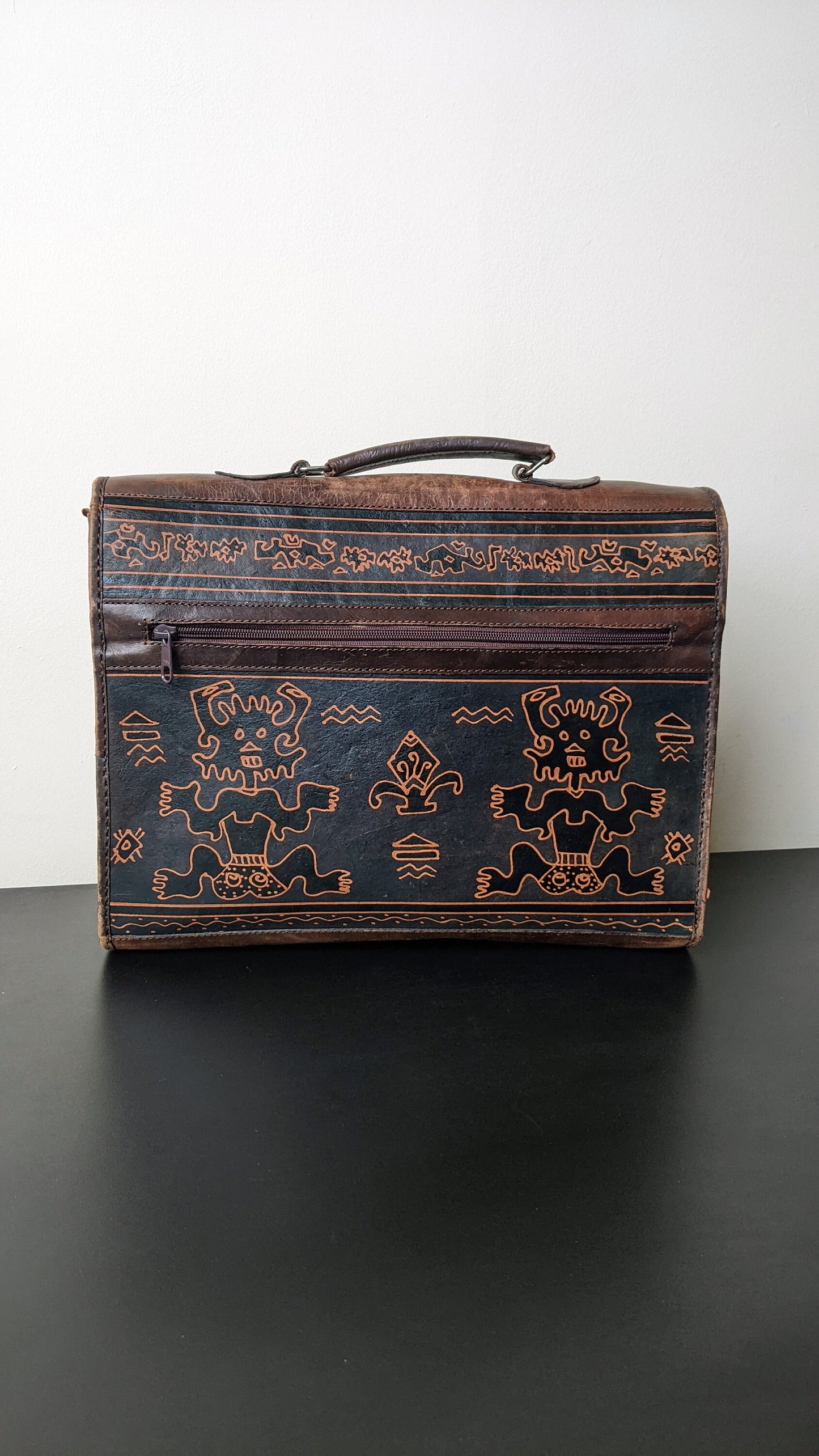 60s Painted Leather Satchel with Mayan Figures, Mexican Tourist Souvenir Bag