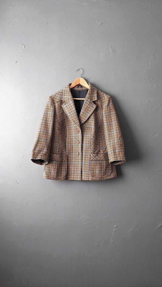 80s Dogtooth Wool Jacket, Country Style Smart Blazer, Size Large