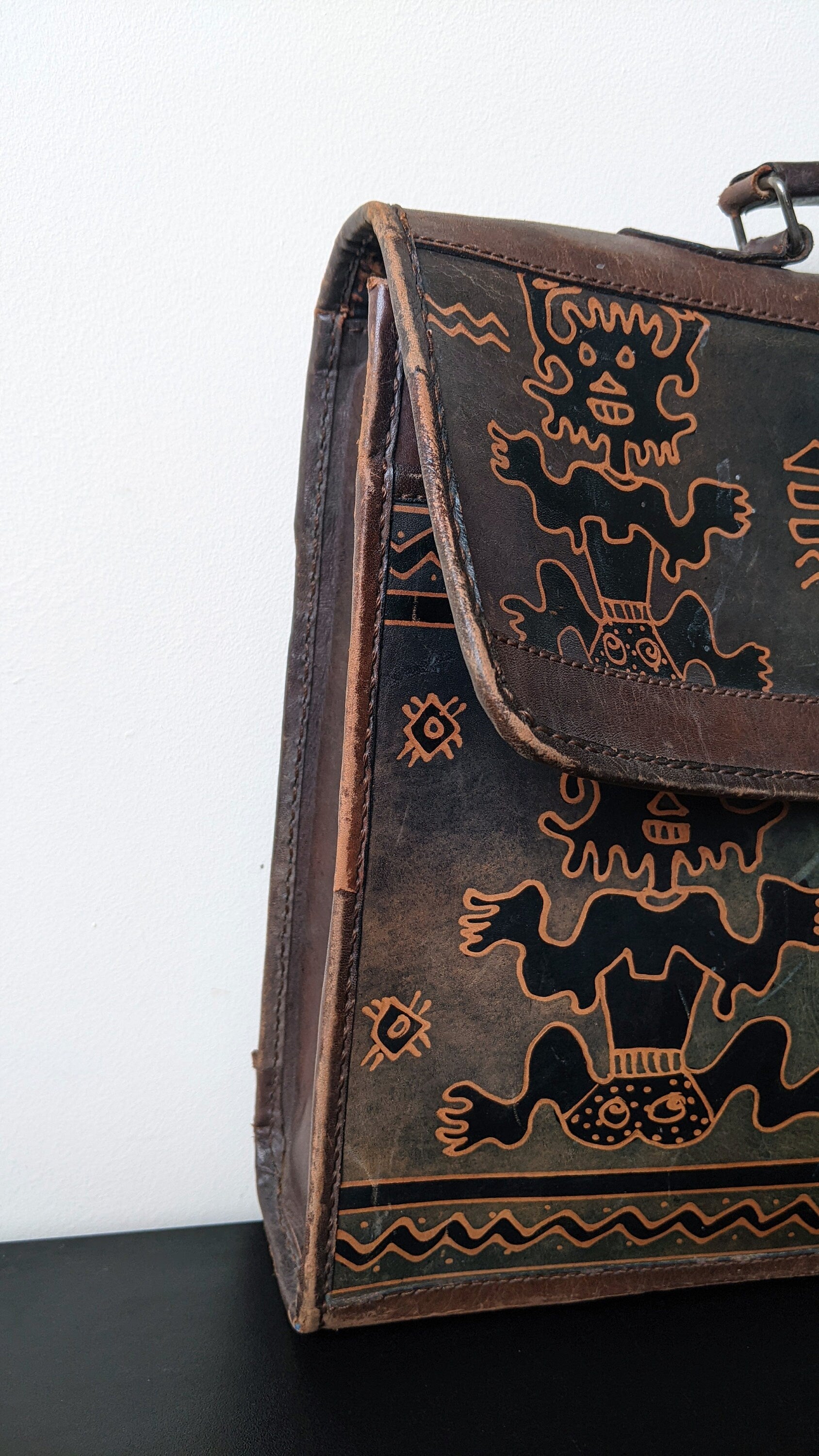 60s Painted Leather Satchel with Mayan Figures, Mexican Tourist Souvenir Bag