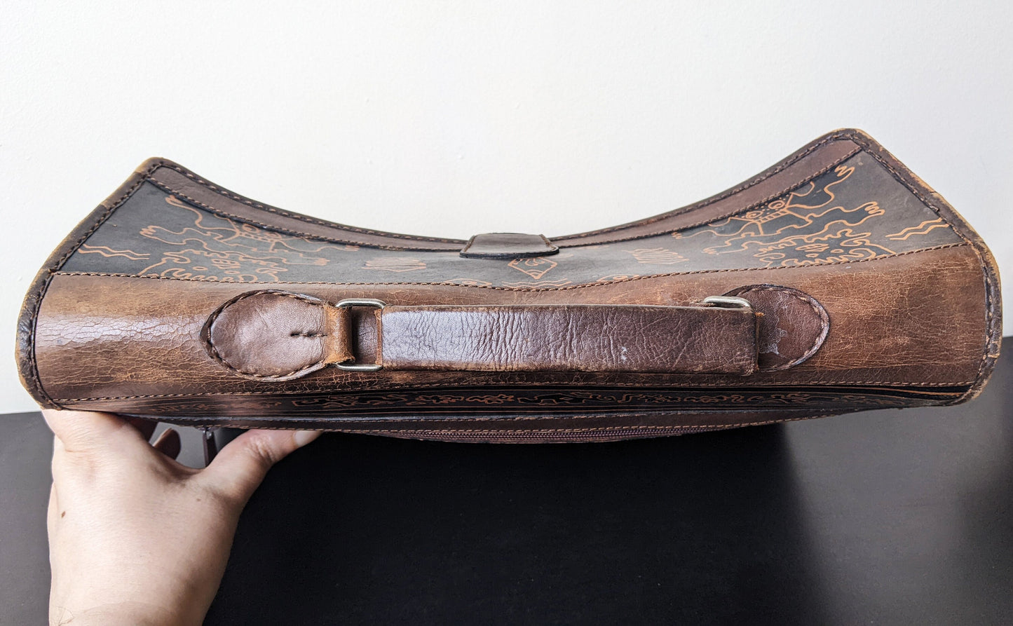 60s Painted Leather Satchel with Mayan Figures, Mexican Tourist Souvenir Bag